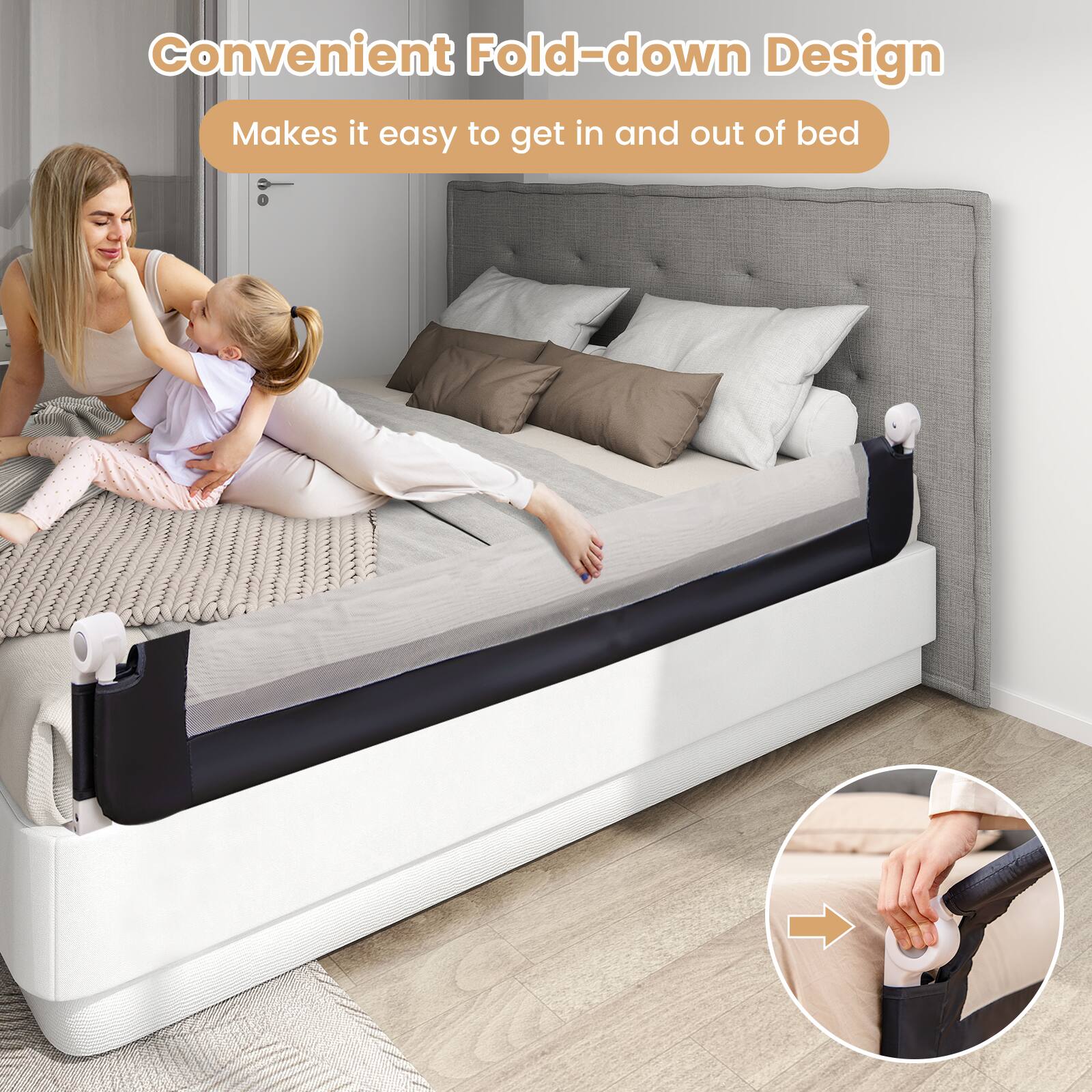 Convenient Fold-down Design  
Makes it easy to get in and out of bed