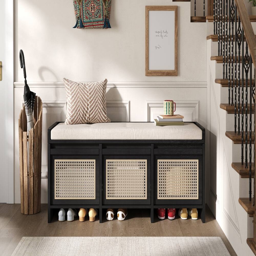 Left. Ropilly - Ropilly 48 Inch Black Entryway Shoe Bench with Rattan Drawers, Retro Storage Bench for Hallway - Black.
