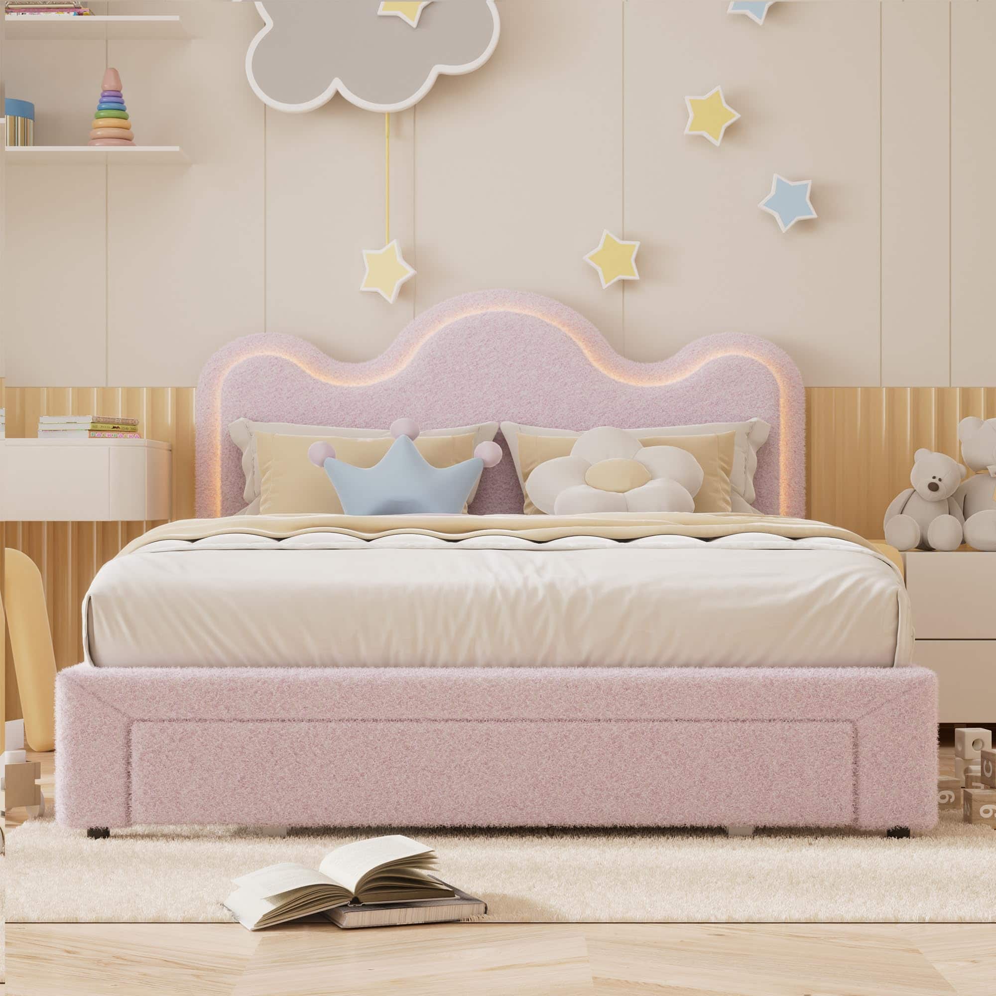 Babevy - King Size Bed Frame for Kids, Platform Bed with Adjustable Boucle Headboard, LED Lights & Drawer, No Box Spring Needed - Pink