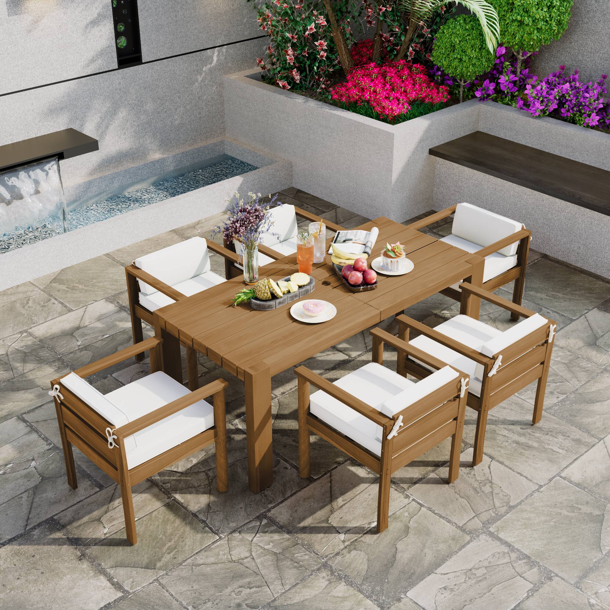 Alt View 9. Loheer - 7-Piece Acacia Wood Patio Dining Set, All-Weather Furniture for 6 with Umbrella Hole & Washable Cushions - Light Teak.