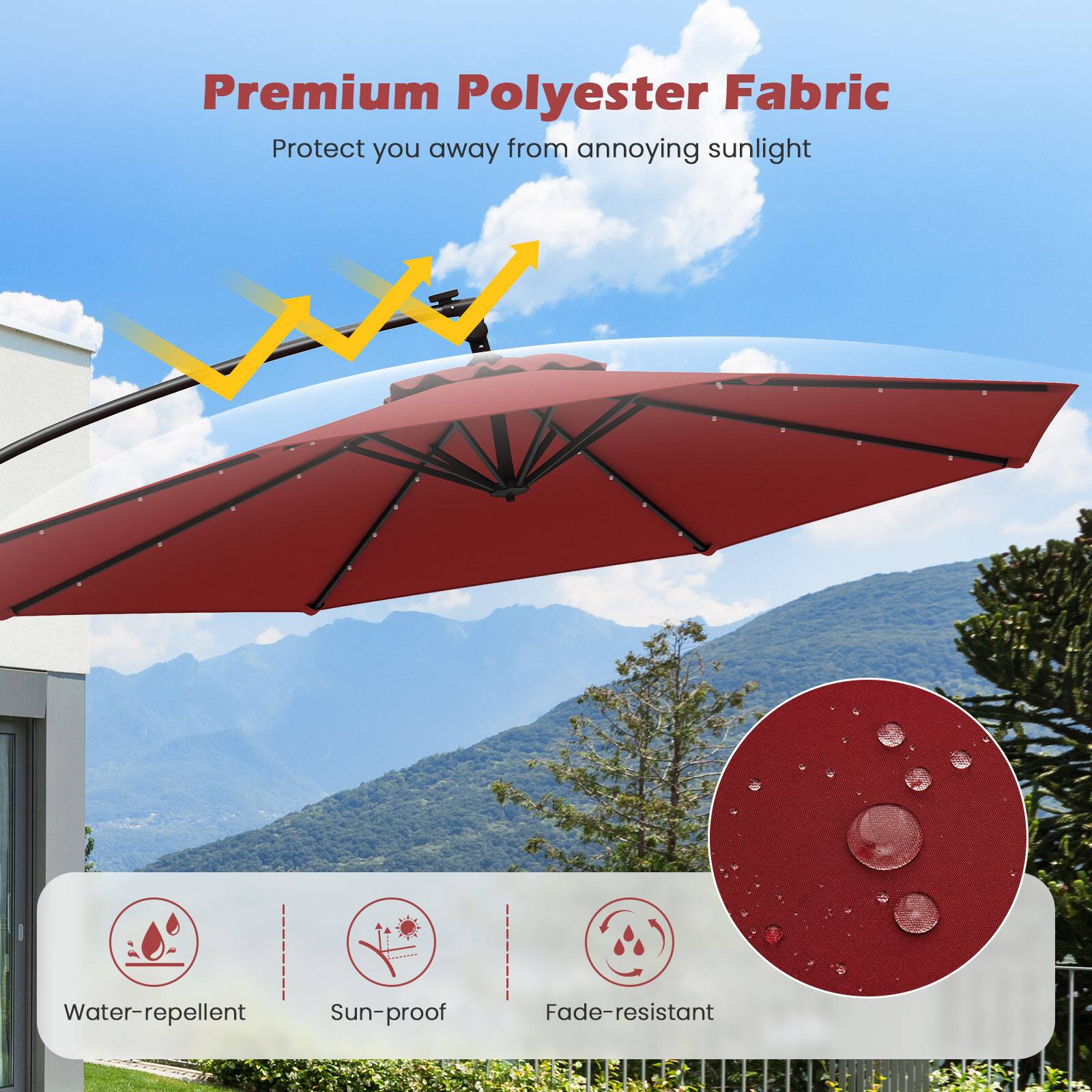 Premium Polyester Fabric, Protect you away from annoying sunlight, Water-repellent, Sun-proof, Fade-resistant