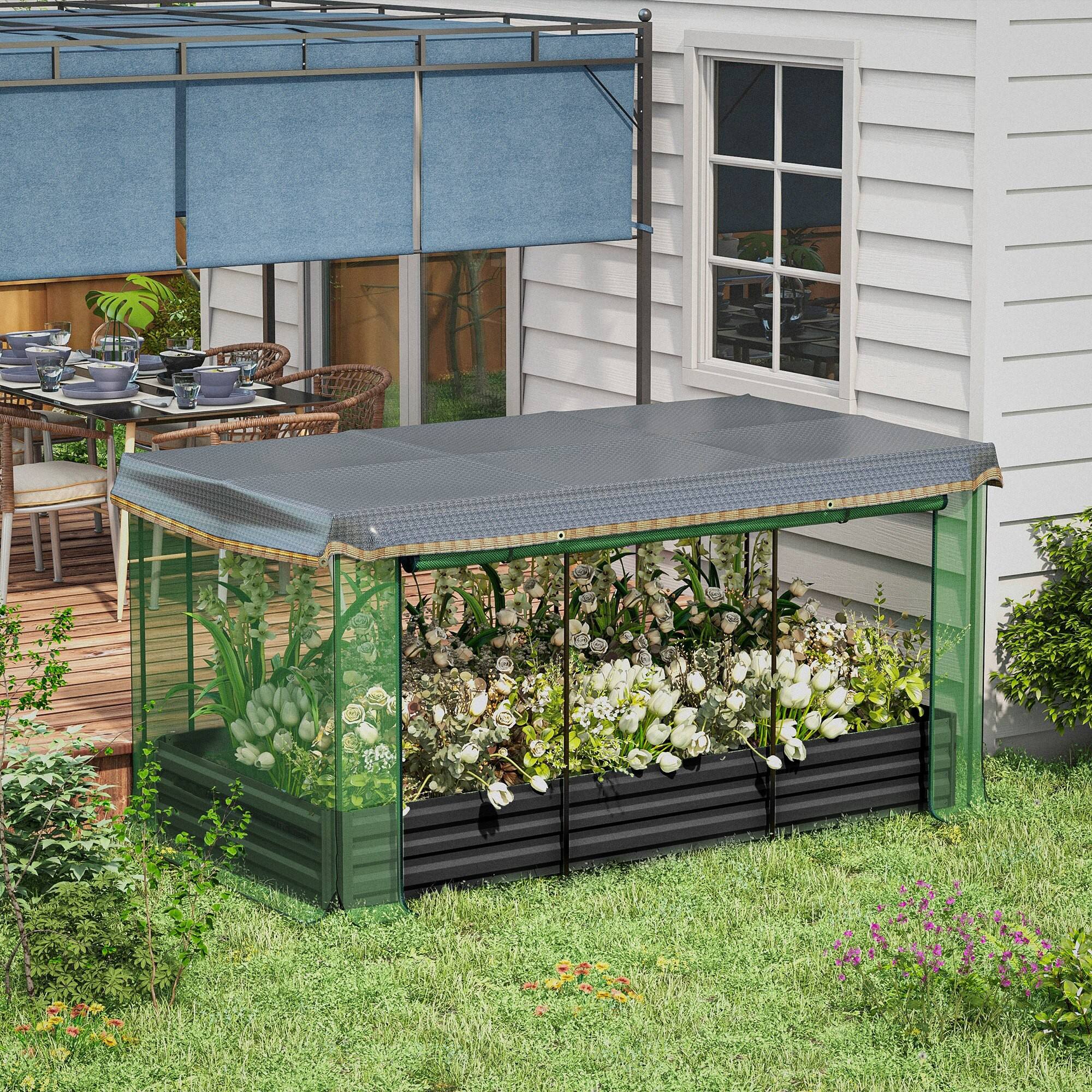 Alt View 1. Outsunny - 7.3 x 3.4 x 1 ft Galvanized Raised Garden Bed with Crop Cage Plant Protection Net and Shade Cloth Roof - Dark Gray.
