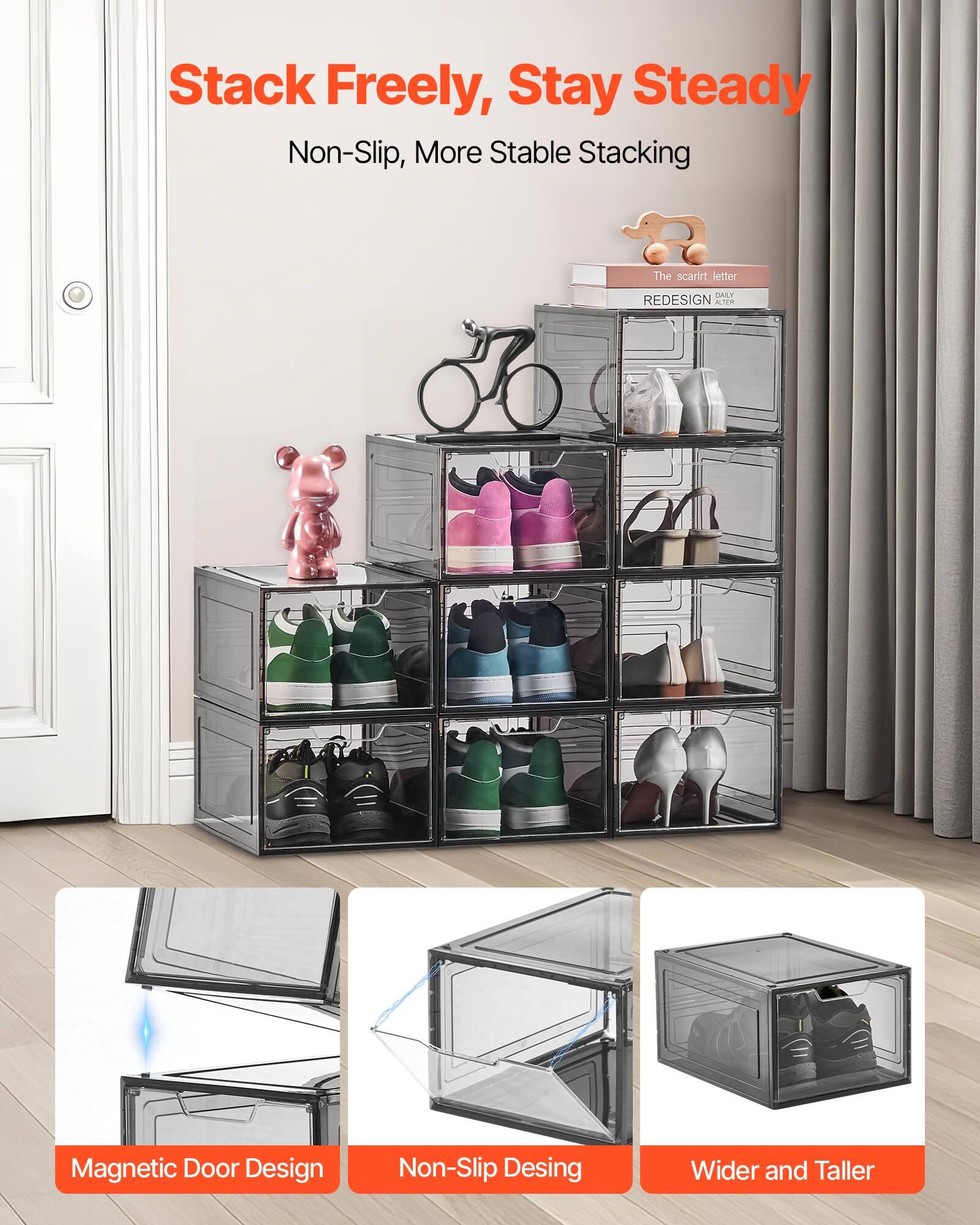 Stack Freely, Stay Steady
Non-Slip, More Stable Stacking
Magnetic Door Design
Non-Slip Design
Wider and Taller