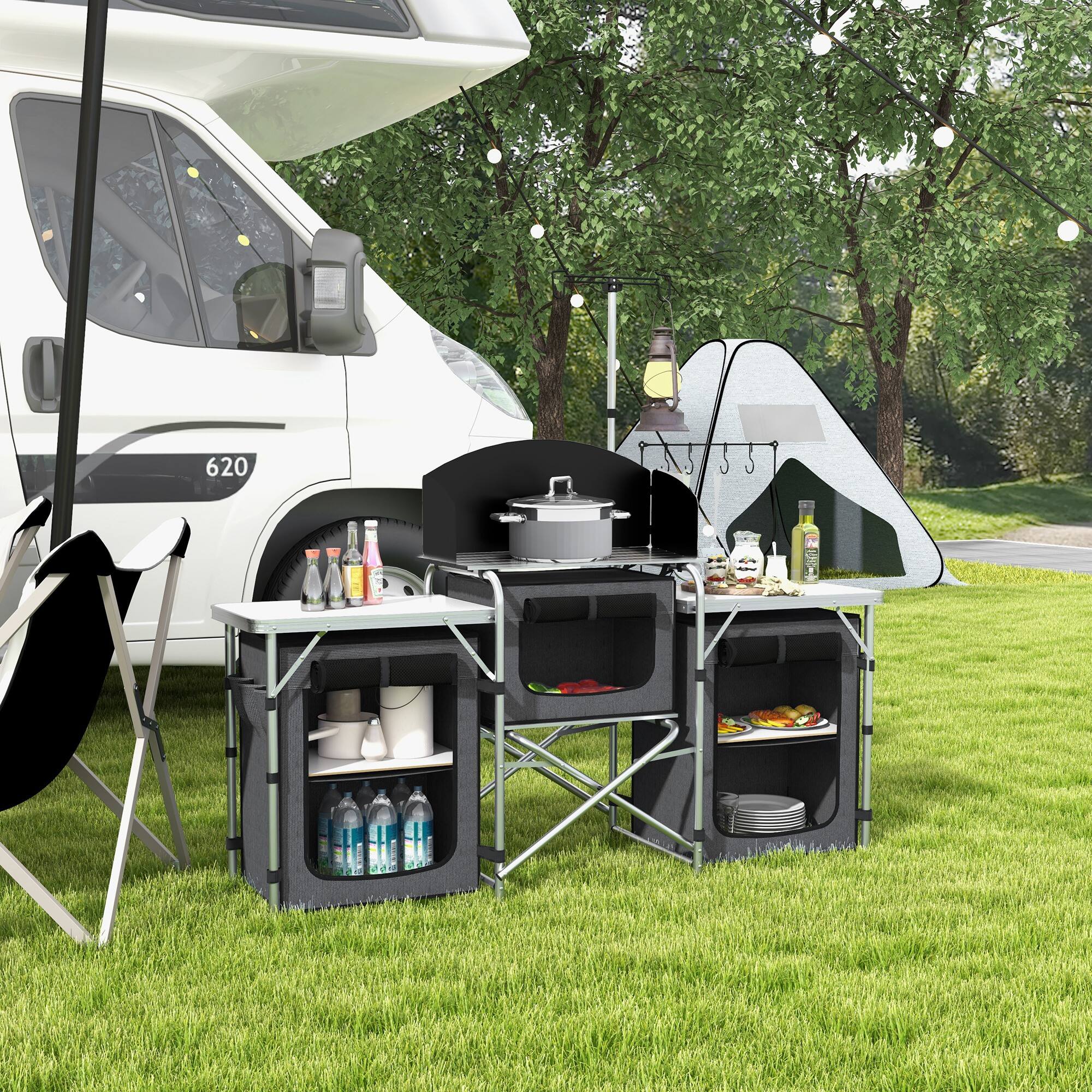 Alt View 1. Outsunny - Camping Kitchen, Portable Folding Camping Table with Fabric Cupboards, Windshield, Bag for BBQ - Black.