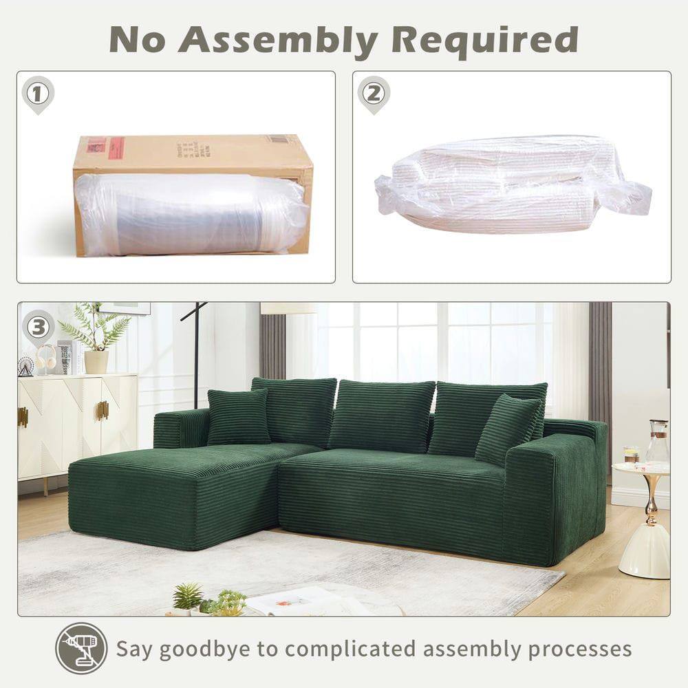 No Assembly Required

1. [Image of a rolled-up sofa cover in a box]
2. [Image of a folded sofa cover]
3. [Image of a fully assembled green sofa with covers]

Say goodbye to complicated assembly processes