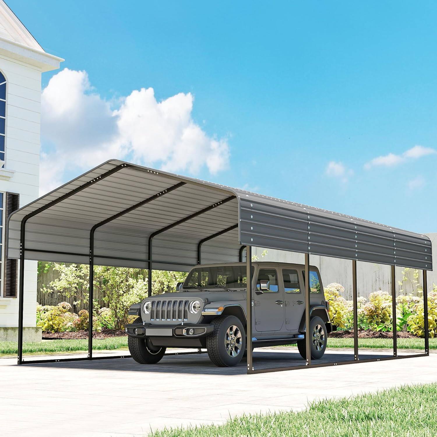 Essen Blissed - 12'x20' Heavy Duty Metal Carport, Outdoor Garage Car Shelter Shade, Galvanized Metal Roof for Car and Boats, Grey