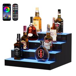 VEVOR - LED Lighted Liquor Bottle Display, 4 Tiers 16 Inch Commercial Illuminated Home Bar Shelf, 4 Steps Whiskey Rack Stand - White/Black