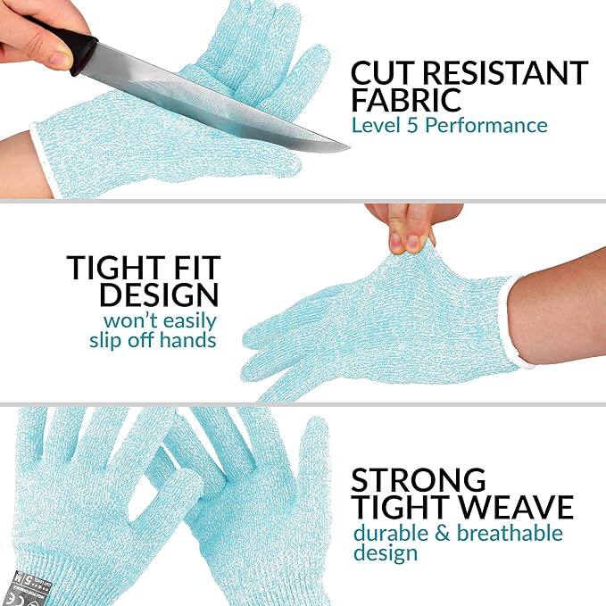 CUT RESISTANT FABRIC  
Level 5 Performance  

TIGHT FIT DESIGN  
won't easily slip off hands  

STRONG TIGHT WEAVE  
durable & breathable design