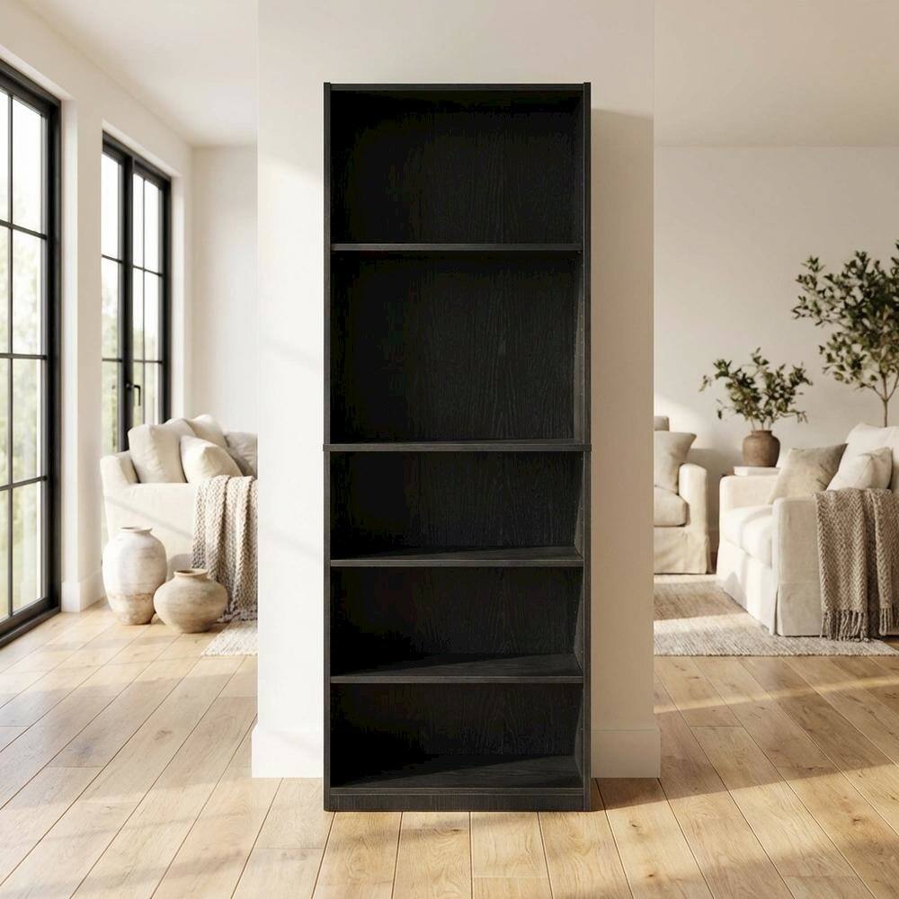 Left. FurniFact - Black 5-Shelf Bookcase with Sturdy Storage and Open Shelving Design - Blackwood.