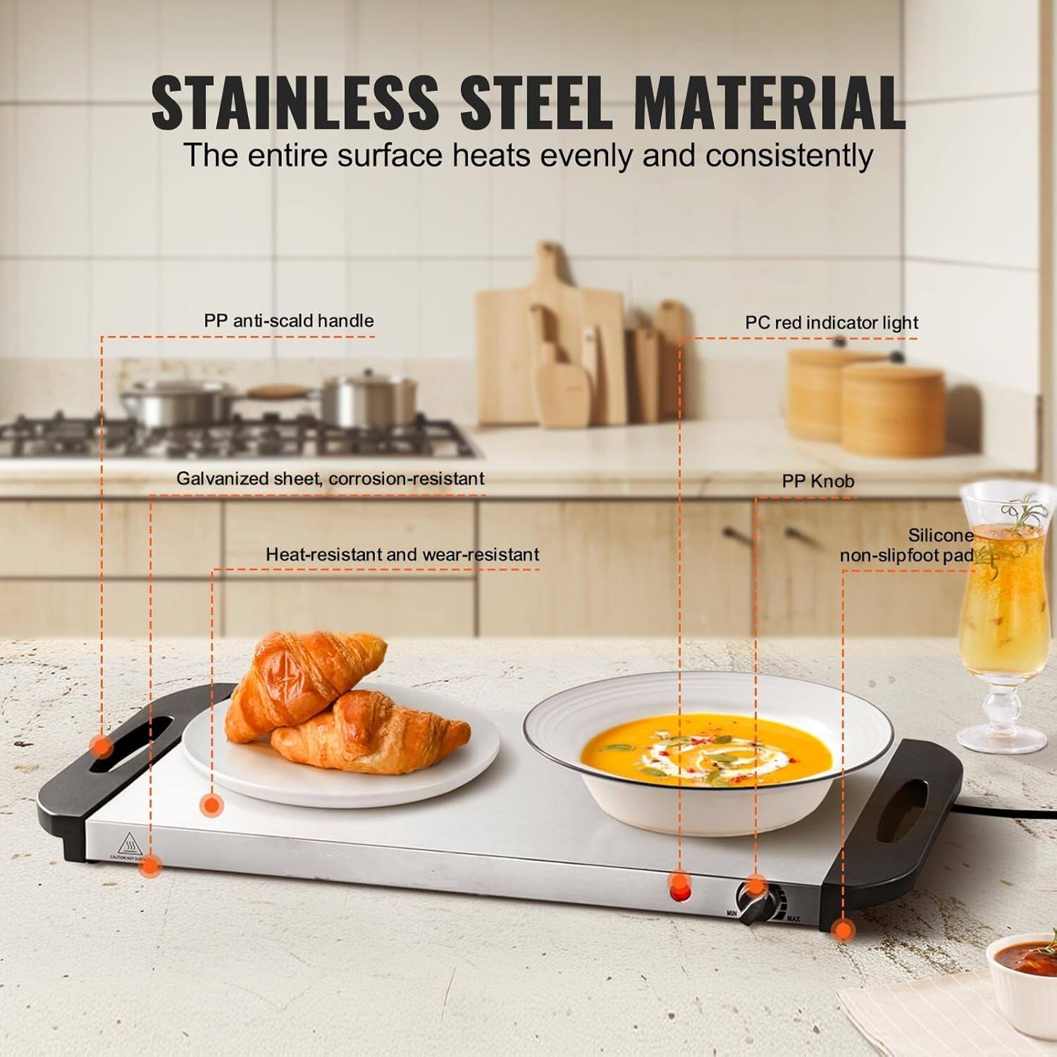 STAINLESS STEEL MATERIAL  
The entire surface heats evenly and consistently  

- PP anti-scald handle  
- Galvanized sheet, corrosion-resistant  
- Heat-resistant and wear-resistant  
- PC red indicator light  
- PP Knob  
- Silicone non-slip foot pad
