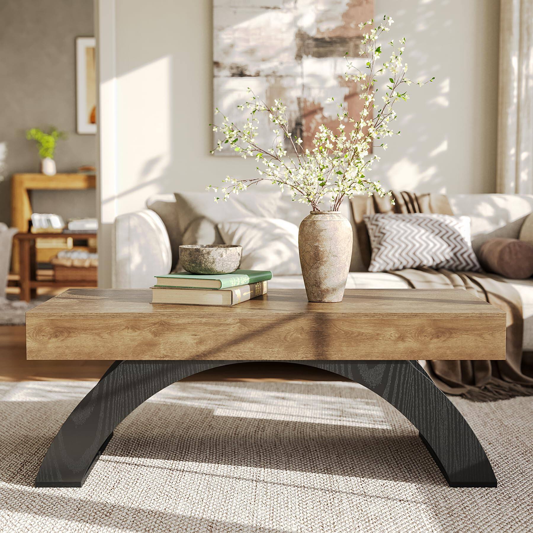 Alt View 1. Tribesigns - LITTLE TREE Modern Coffee Table, 47” Living Room Table, Rectangle Coffee Table with Artistic Arched Base, Wood Center Ta - Brown & Black.