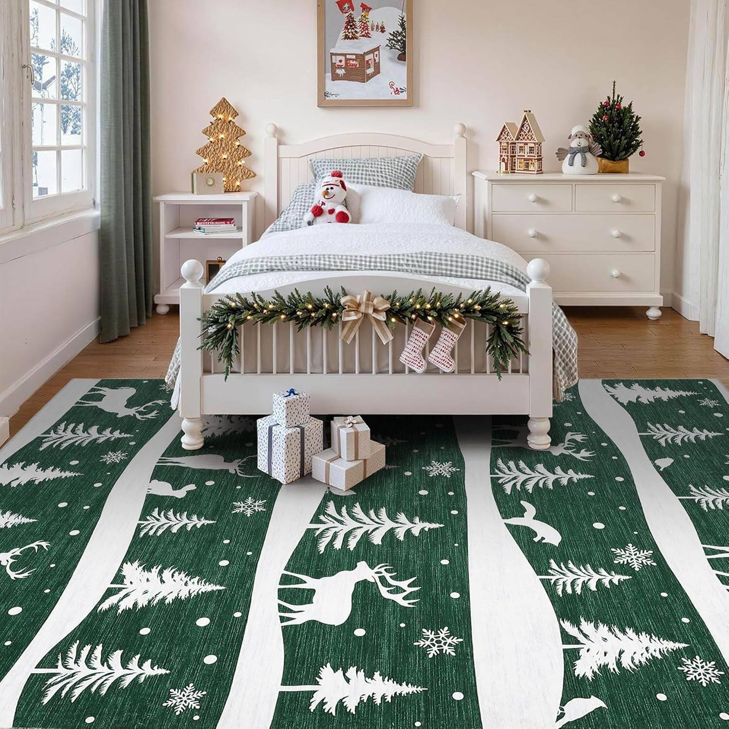 Back. Jojoka - Green 5x7 Christmas Area Rug Non-Slip Washable Xmas Tree Snowflake Soft Low Pile for Living Room Bedroom Decor - Green.