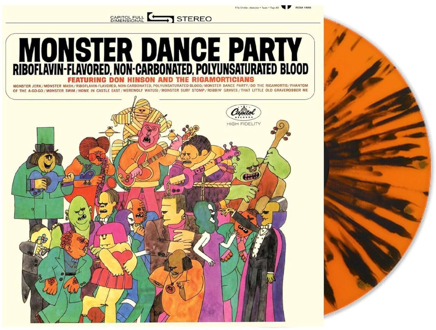 **Monster Dance Party**  
Riboflavin-Flavored, Non-Carbonated, Polyunsaturated Blood  

Featuring Don Hinson and the Rigamorticians  

Monster Jerk / Monster Mash / Riboflavin-Flavored, Non-Carbonated, Polyunsaturated Blood / Monster Dance Party / Do the Rigamortis / Phantom of the A-Go-Go / Monster Swim / Home in Castle East / Werewolf Watusi / Monster Surf Stomp / Robbin' Graves / That Little Old Gravero  

Capitol Full Dimensional Stereo  
High Fidelity  

Capitol Records  
RGM 1850