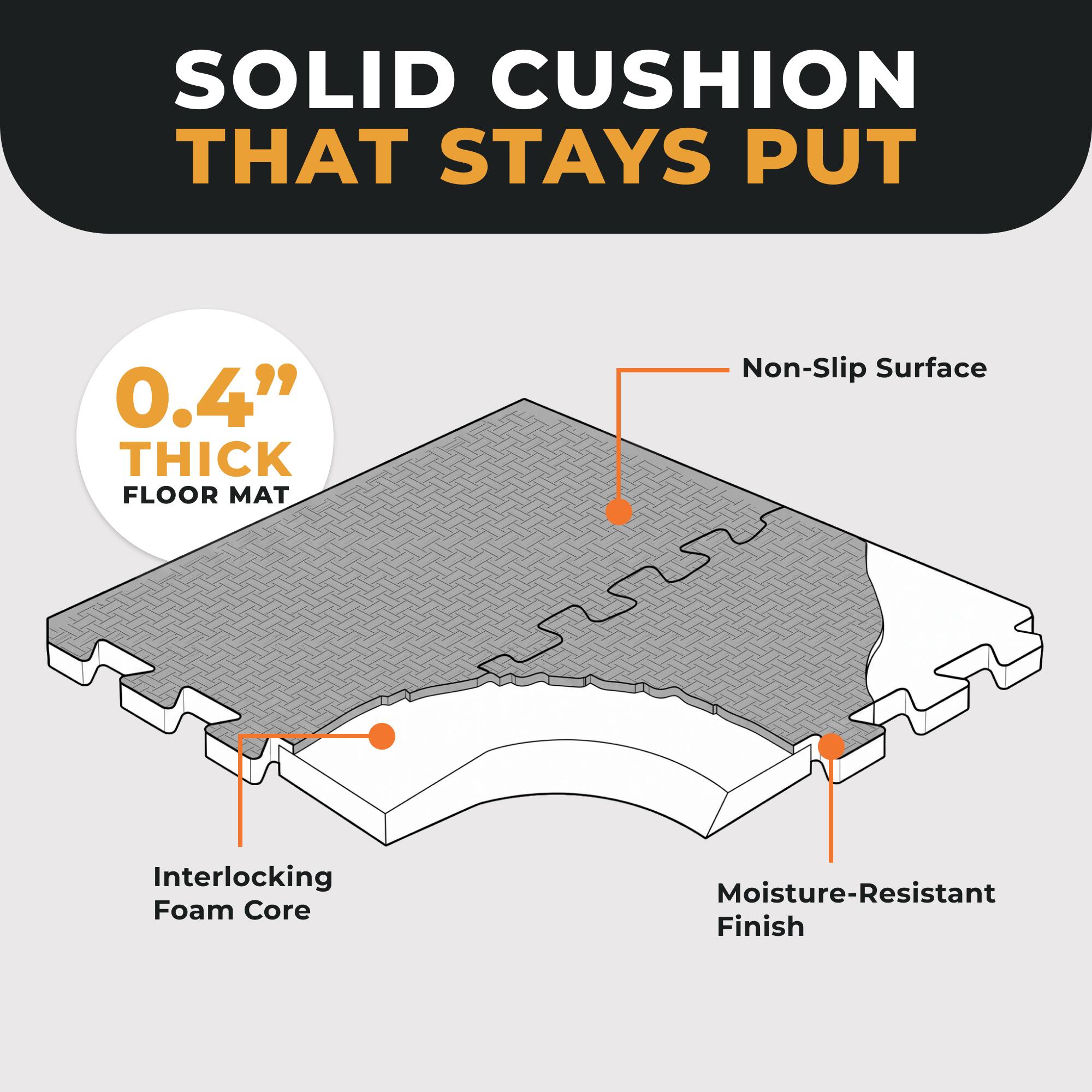 SOLID CUSHION THAT STAYS PUT

0.4" THICK FLOOR MAT

Non-Slip Surface

Interlocking Foam Core

Moisture-Resistant Finish