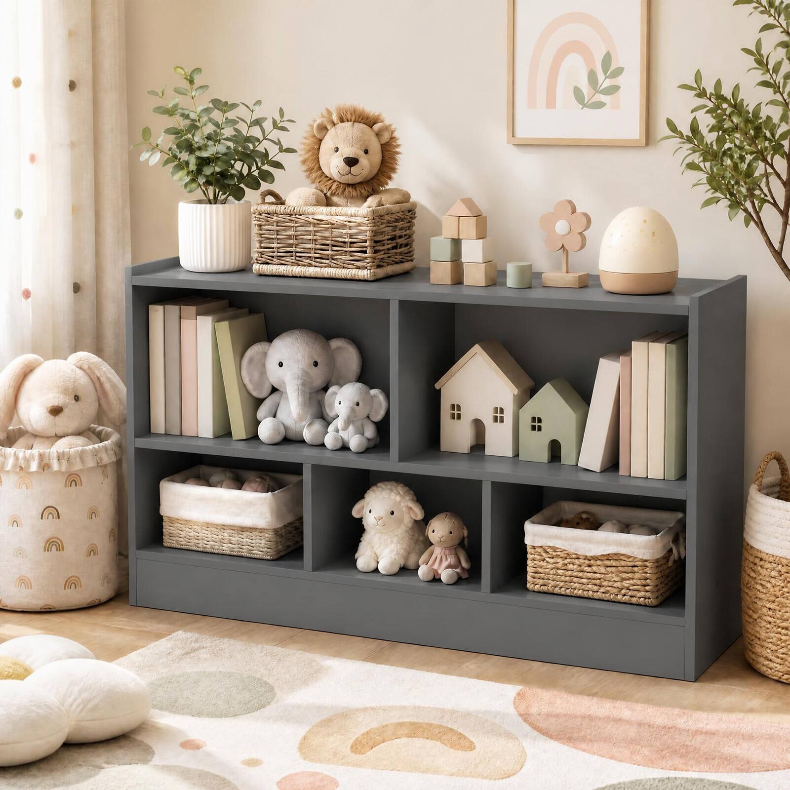 Alt View 3. Costway - Costway Kids 2-Shelf Bookcase 5-Cube Wood Toy Storage Cabinet w/ Shelves Grey - Gray.