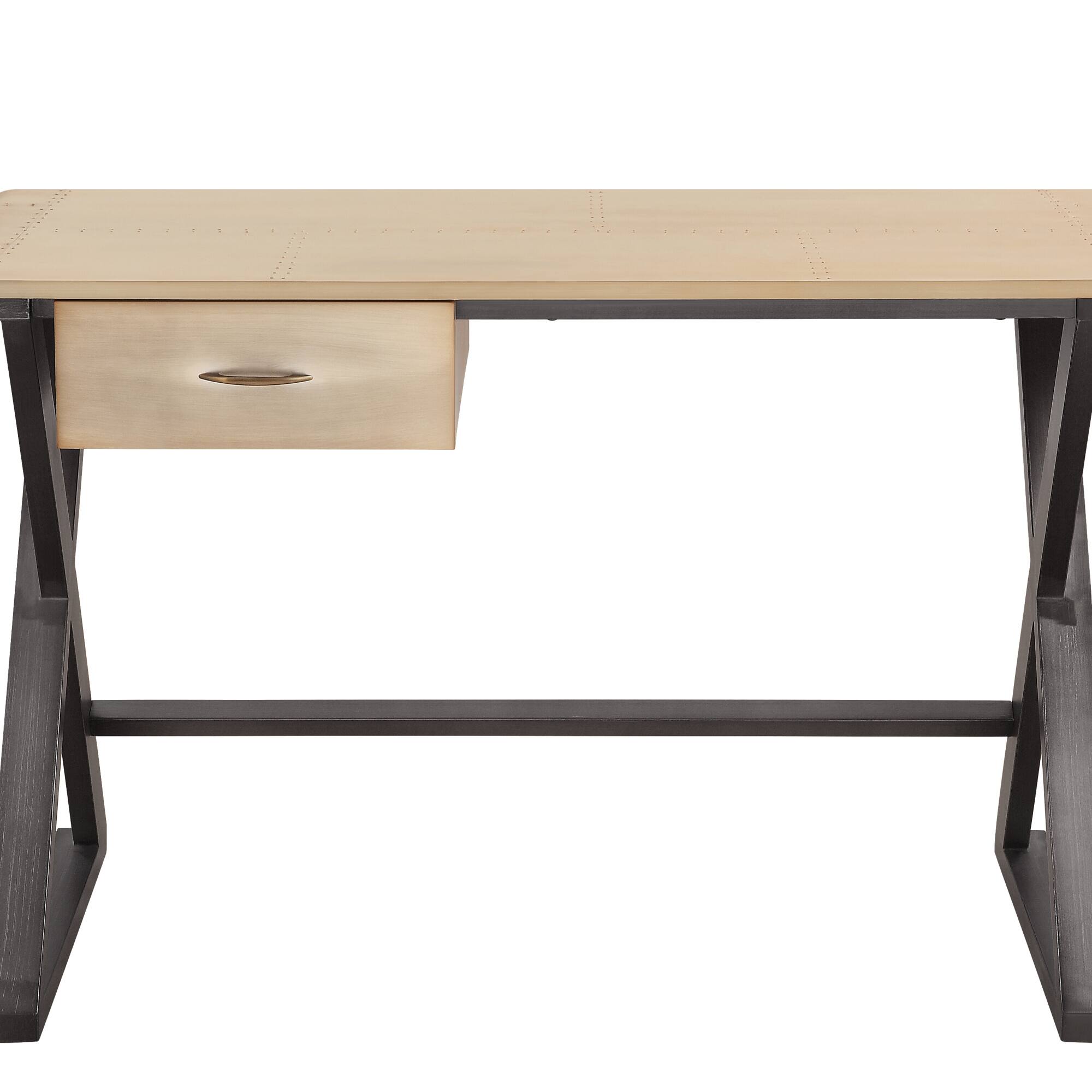 Left. GOODSILO - Modern Rectangular Writing Desk with Gold Aluminum Top and X-Shape Base, Single Drawer for Home Office Workspace - Gold.