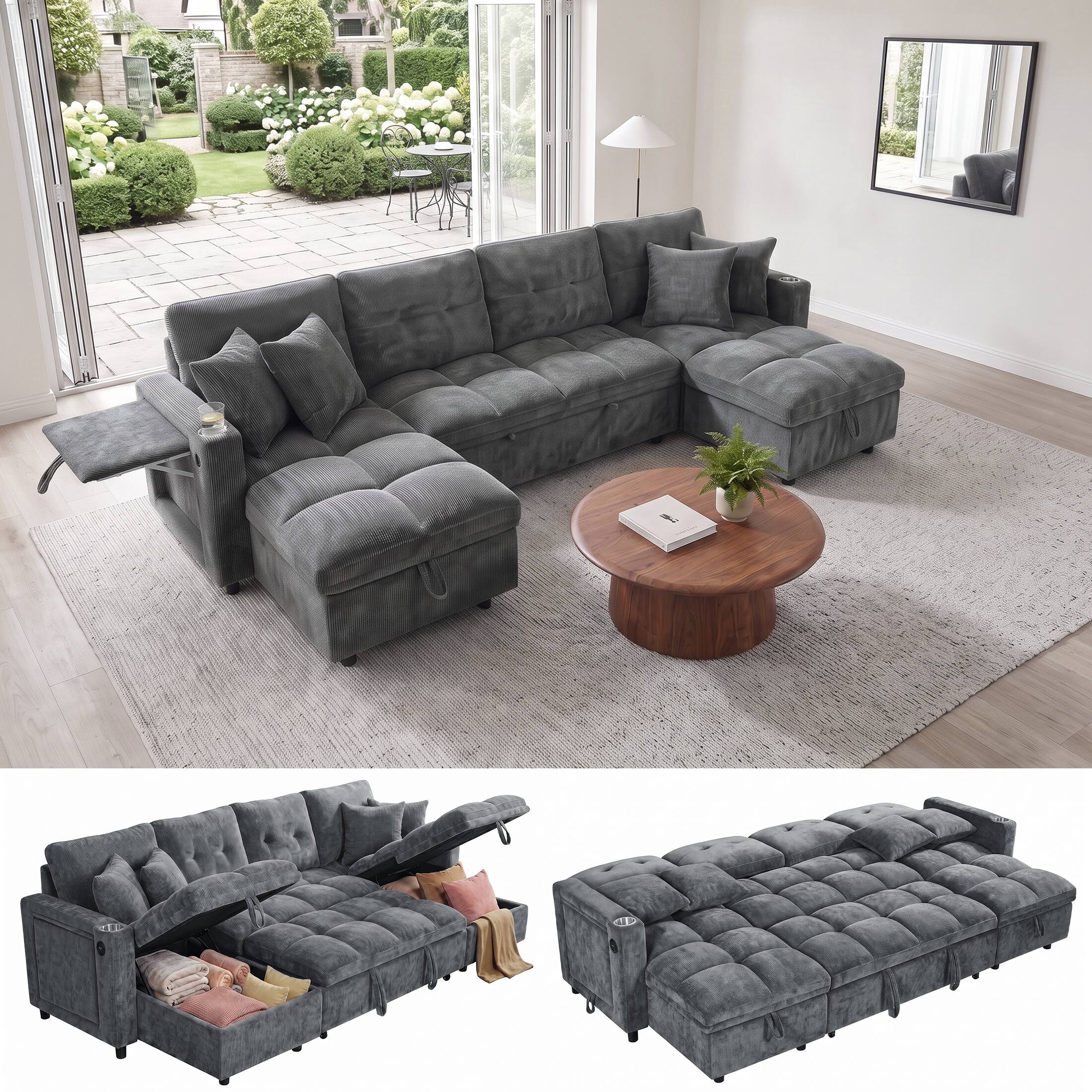 Anysun - U-Shaped Oversized Sleeper Sofa, Sectional Sleeper with Double Storage Chaise for Living Room – Chenille Fabric Couch - Gray