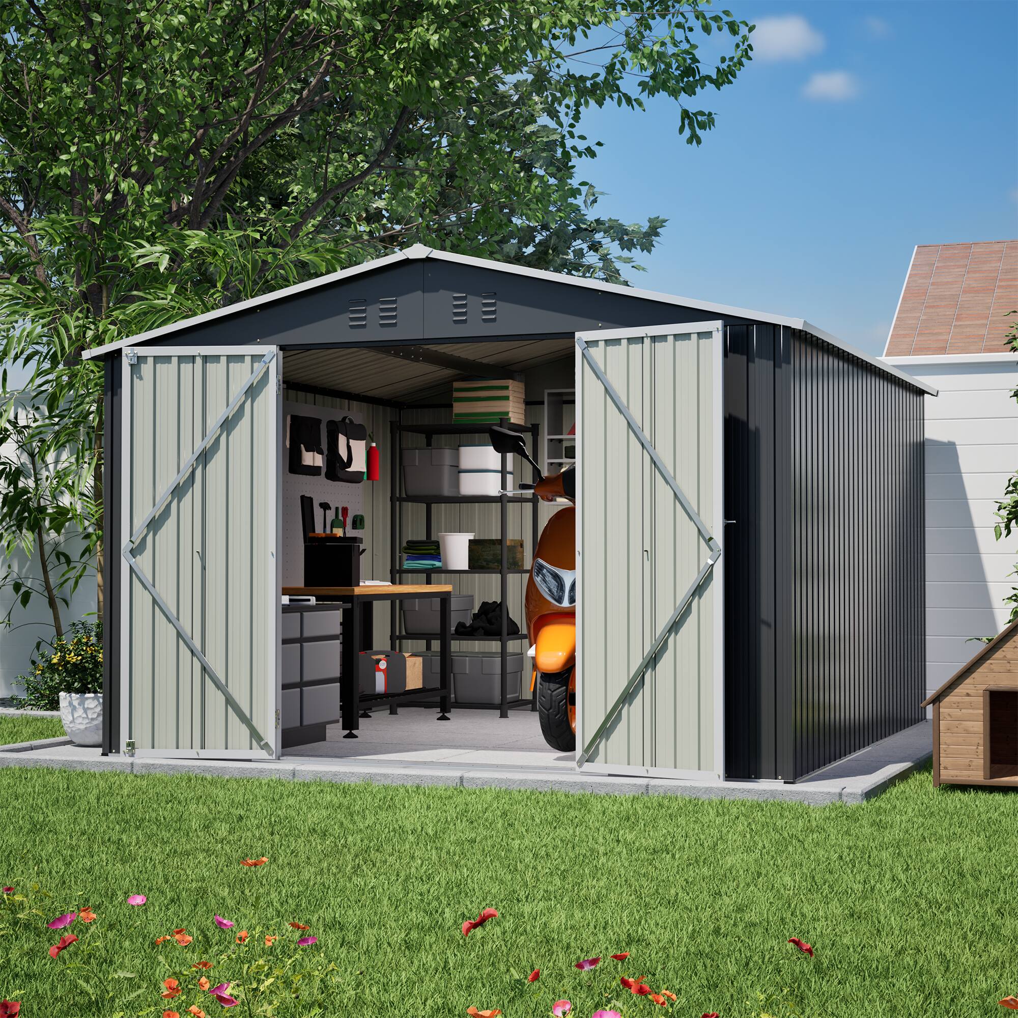 Left. Mondawe - 10x10 FT Large Outdoor Metal Storage Shed with Lockable Double Doors - Black.