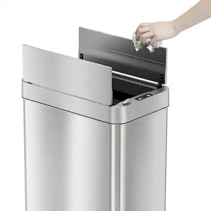 Left. iTouchless - 13 Gallon Touchless Sensor Wings Lid Trash Can with Pet-Proof Lid and AbsorbX Odor Control, Stainless Steel Kitchen Bin - Silver.
