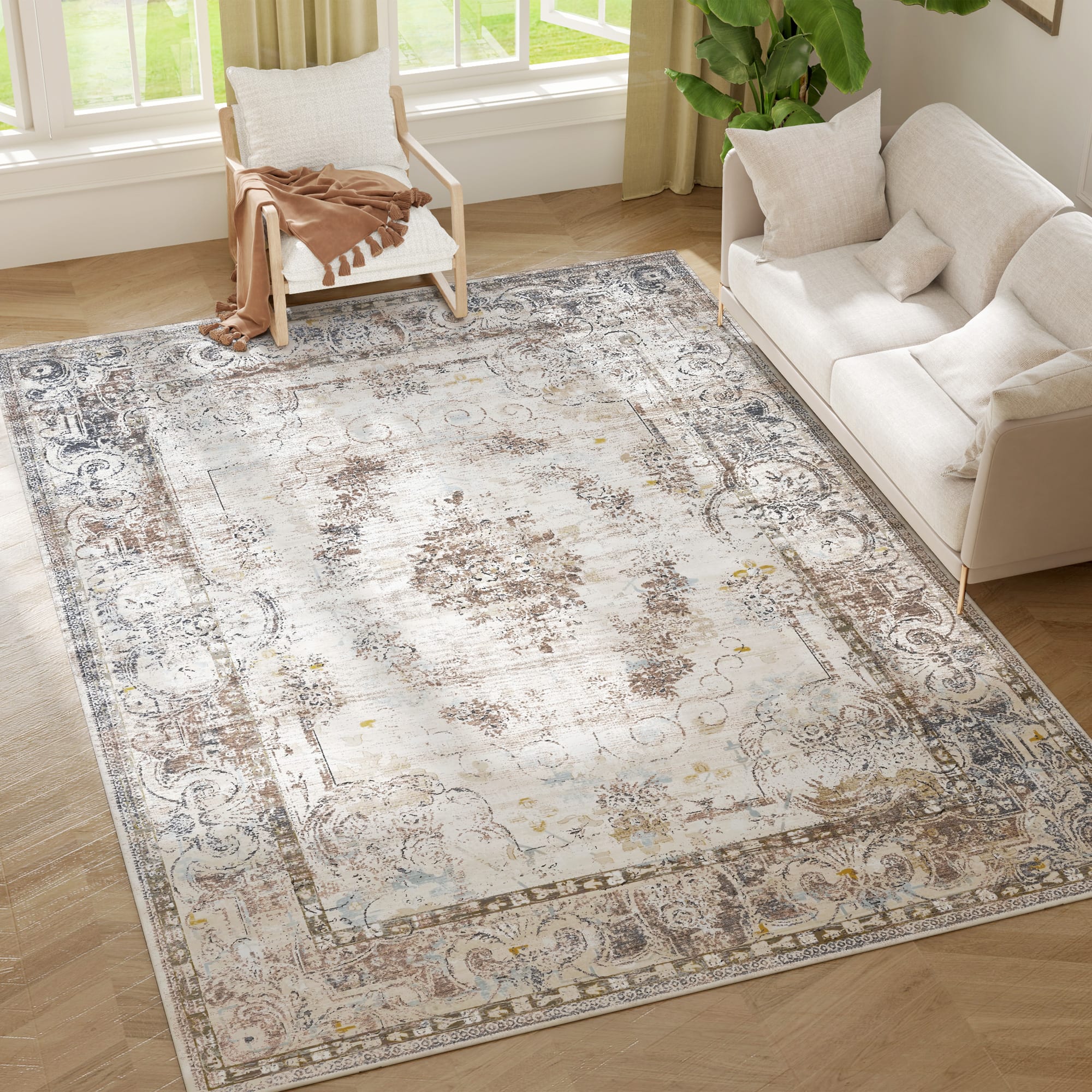 Homcom - 8x10 Boho Area Rug: Mach-Wash Non-Slip Distress Carpet Floral, Living Room/Bedroom - Brown