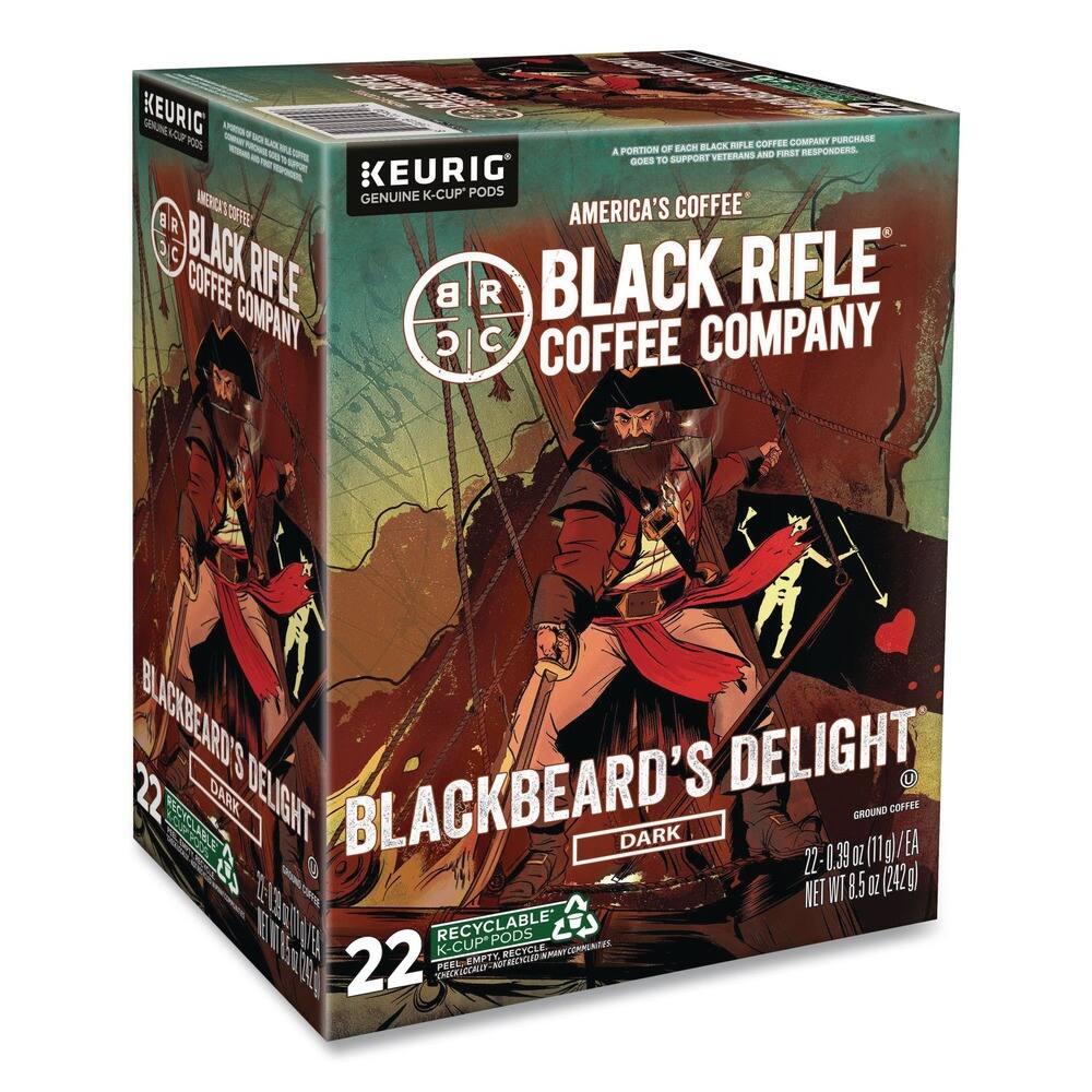 KEURIG GOUIE NC a POOS - COFFEE COMPANY PURCHASE PORTION OF EACH BLACK RIFLE COFFEE COMPANY GOES TO SUPPORT VETERANS AND FIRST RESPONDERS. KEURIG GENUINE K-CUP PODS. AMERICA'S COFFEE BLACK RIFLE COFFEE COMPANY. BLACKBEARD'S DELIGHT DARK. 22 K-CUP PODS. 0.39 OZ (11 g) EACH. NET WT 8.5 OZ (242g). RECYCLABLE. 22 PREMIUM K-CUP PODS. 100% COMPOSTABLE.