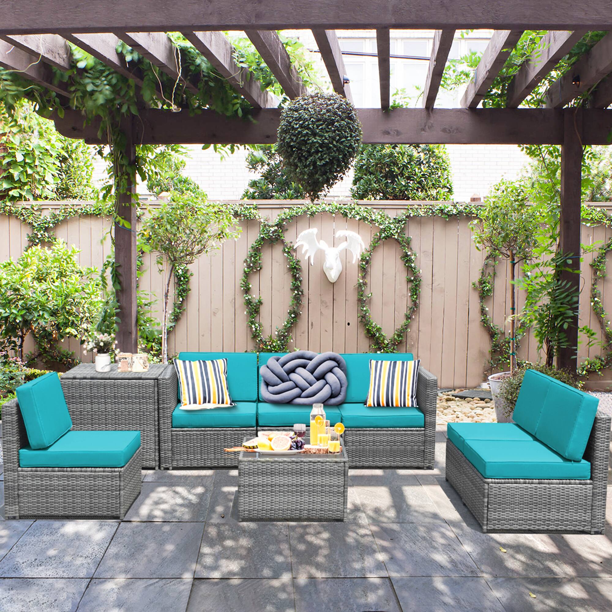 Alt View 2. Gymax - Gymax 8PCS Patio Rattan Sofa Sectional Conversation Furniture Set w/ Turquoise Cushion - Turquoise.