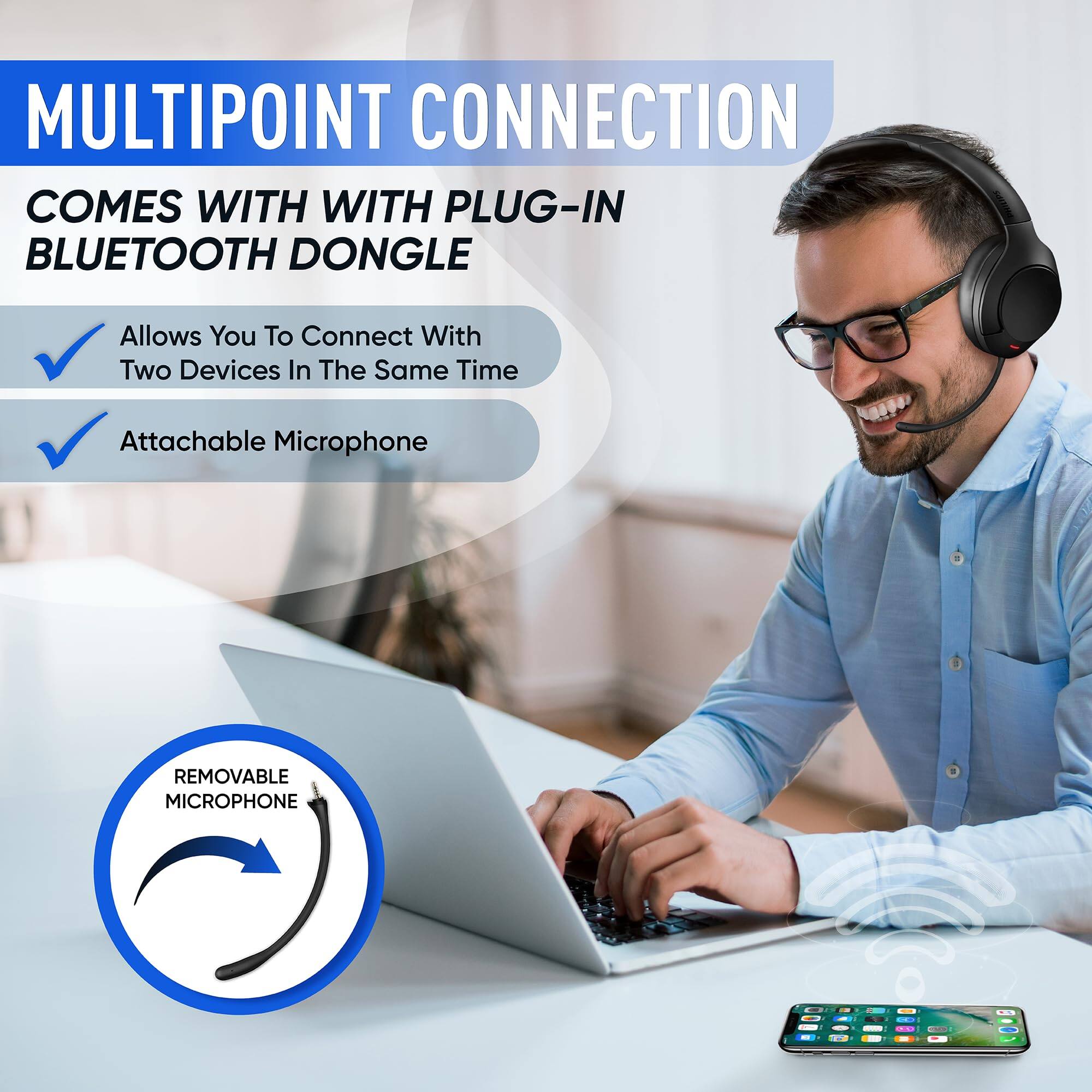 MULTIPOINT CONNECTION  
COMES WITH PLUG-IN BLUETOOTH DONGLE  
Allows You To Connect With Two Devices In The Same Time  
Attachable Microphone  
REMOVABLE MICROPHONE