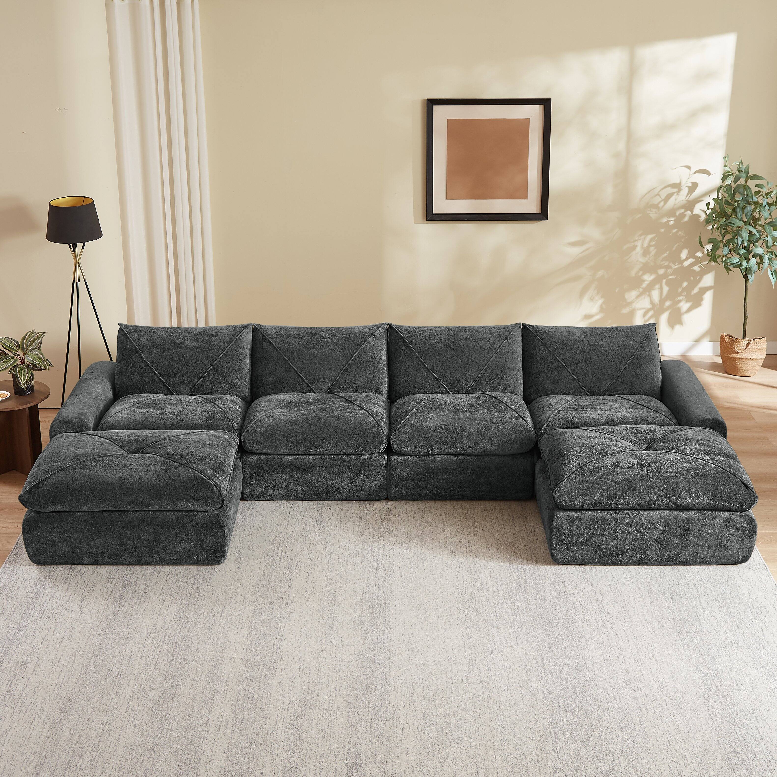 Left. Loheer - Loheer Modern Minimalist Chenille Sectional Sofa Oversized Modular Couch with Ottoman for Large Living Rooms - Dark Gray.