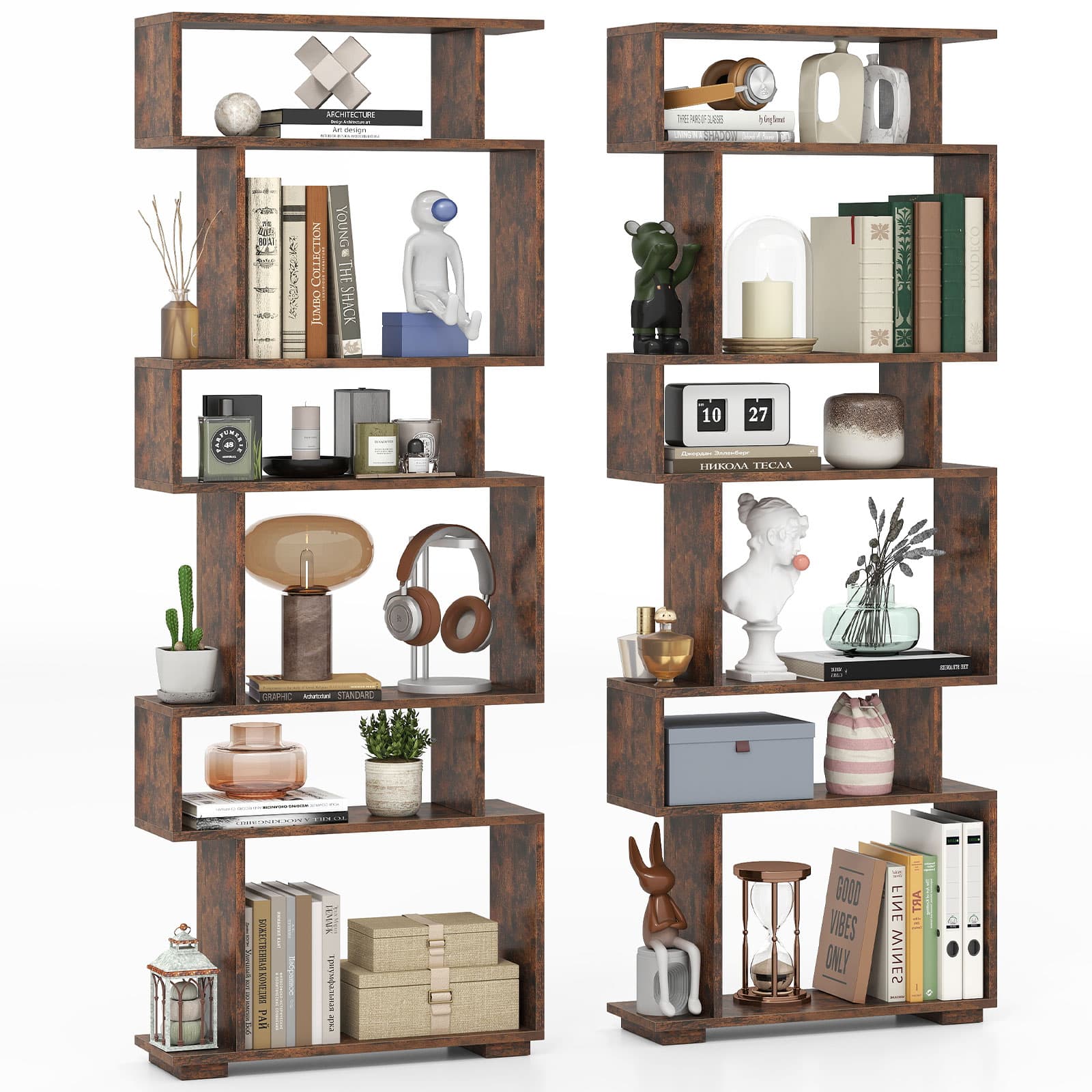 Gymax - 2PCS 6-tier Storage Bookshelf Tall Display Shelf w/ Anti-toppling Kits Brown - Rustic Brown