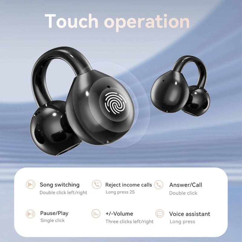Touch operation

- Song switching: Double click left/right
- Reject income calls: Long press 2S
- Answer/Call: Double click
- Pause/Play: Single click
- +/- Volume: Three clicks left/right
- Voice assistant: Long press