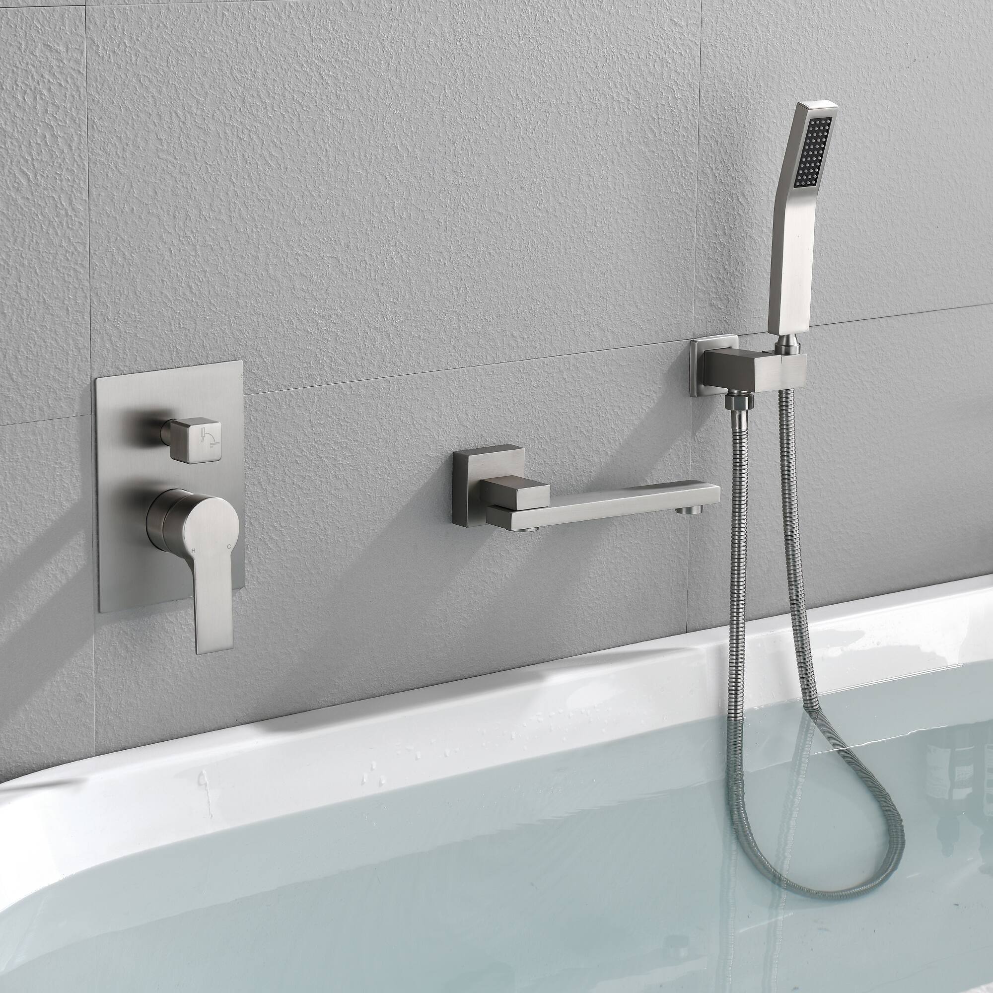 Alt View 3. Boyel Living - Brushed Nickel Wall Mount Bathtub Faucet Brass 2-Function Valve 180° Rotating Spout Handheld 60-Inch Hose cUPC - Brushed Nickel.
