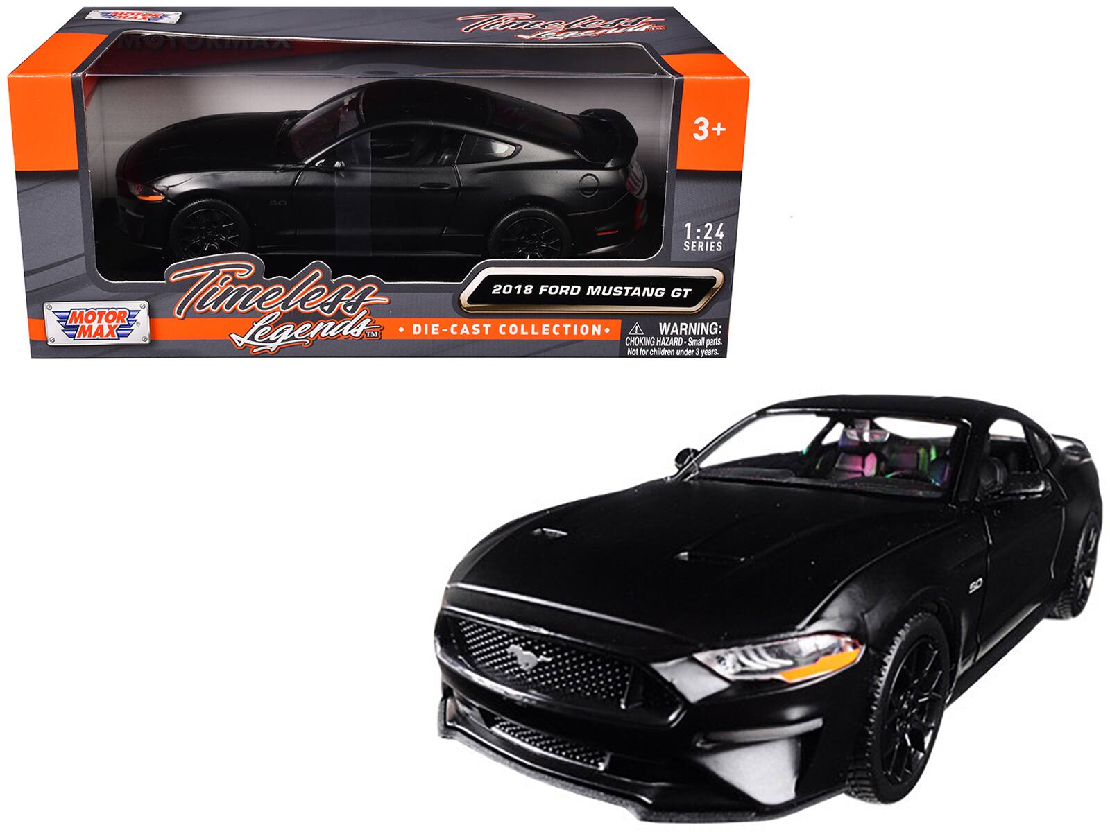 2018 Ford Mustang GT 5.0 Matt Black with Black Wheels 1/24 Diecast Model Car by Motormax - Matte Black