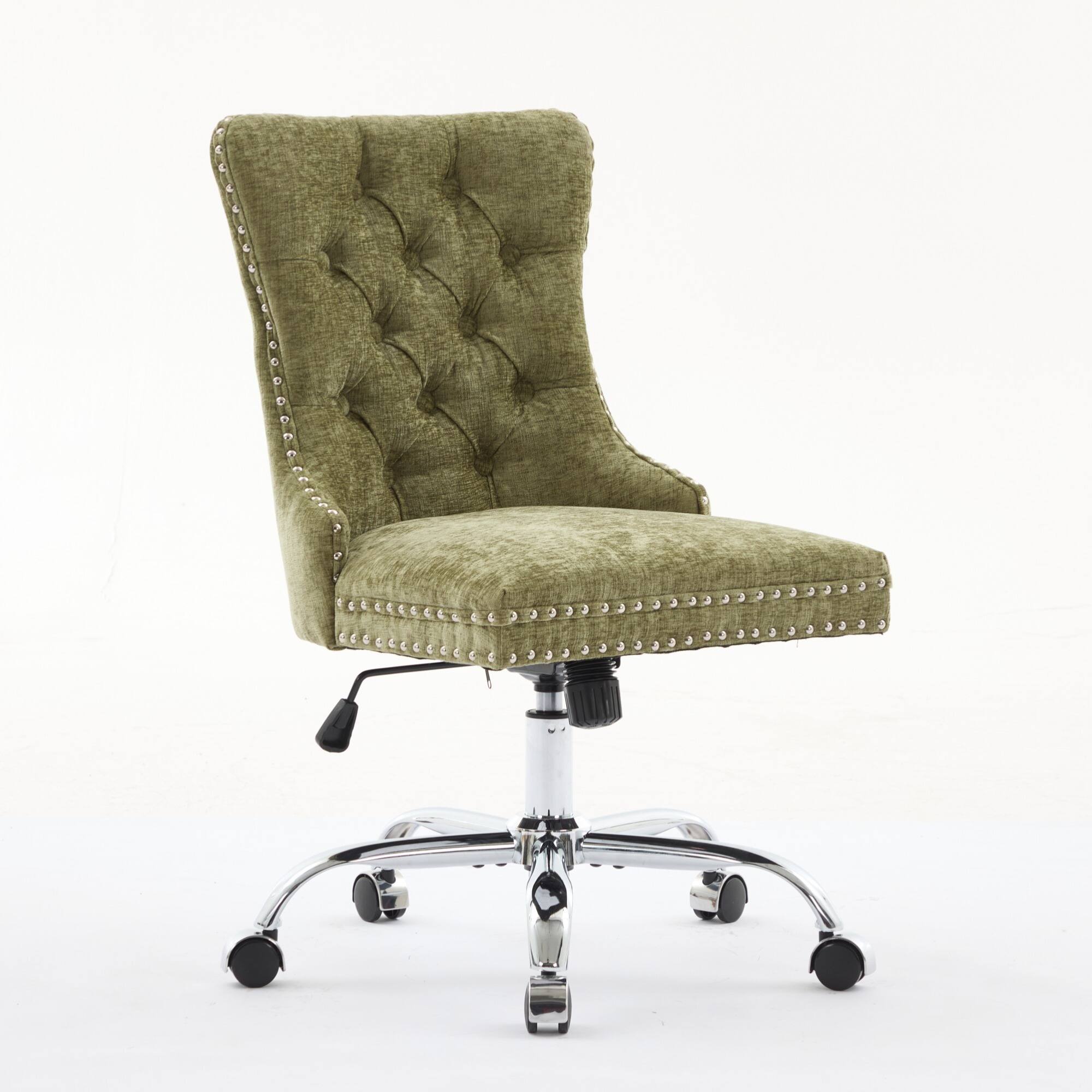 Left. GOODSILO - Modern Chenille Upholstered Office Chair with Tufted Button Design and Chrome Metal Base for Home Office Workspace - Green.