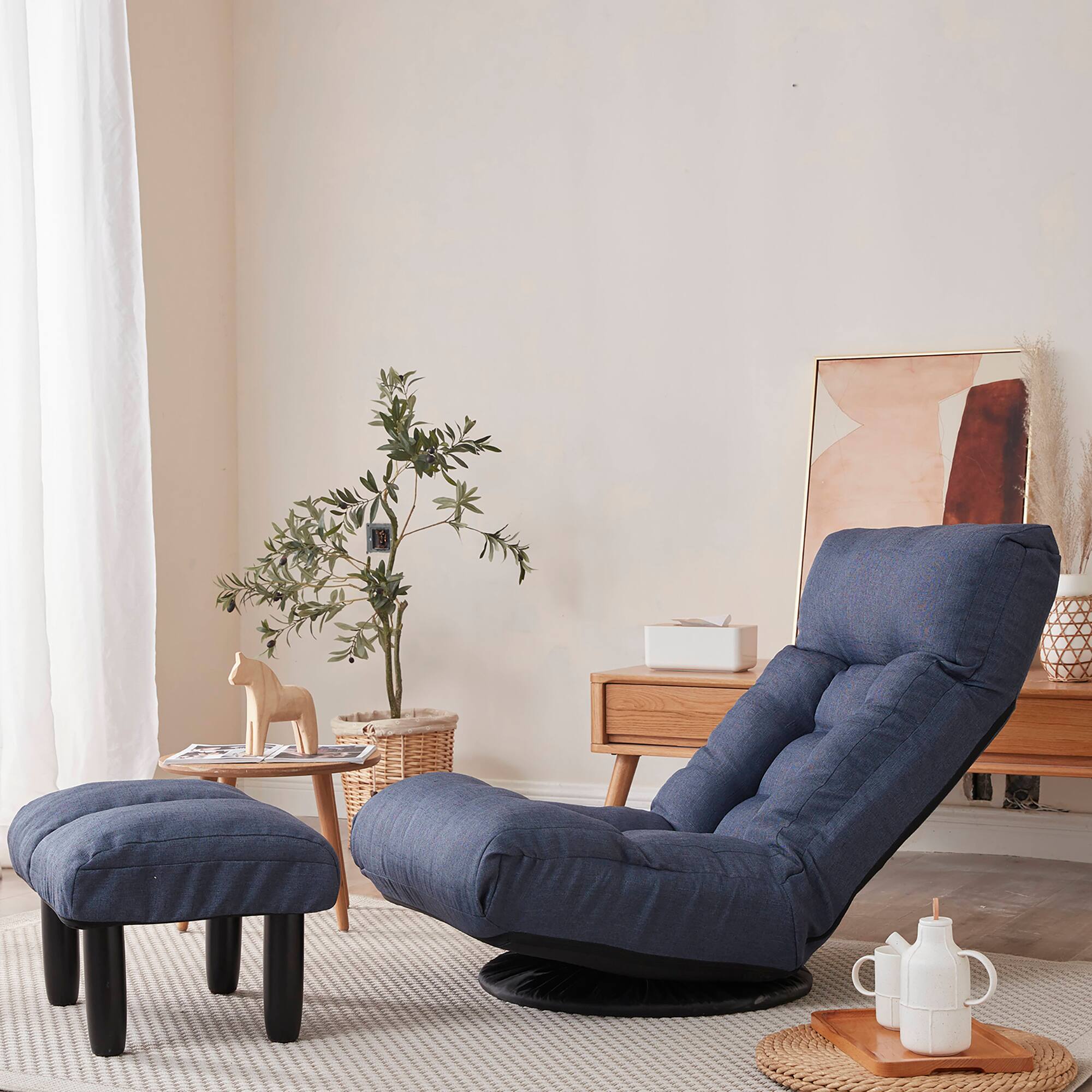 Alt View 8. Meqiodas - Swivel Lazy Floor Chair with Ottoman, Adjustable Reclining Floor Lounger with Head & Back Support, for Bedroom & Gaming - Navy.