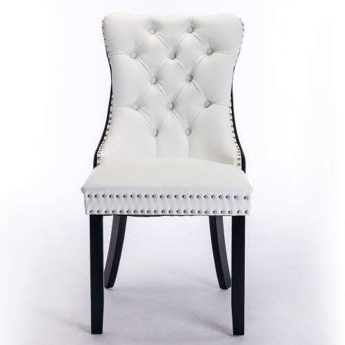 Angle. LUCKY ONE - Assembled Tufted PU Velvet Dining Chair Set of 2 with Wood Legs Nailhead Trim High Back - White+Black.