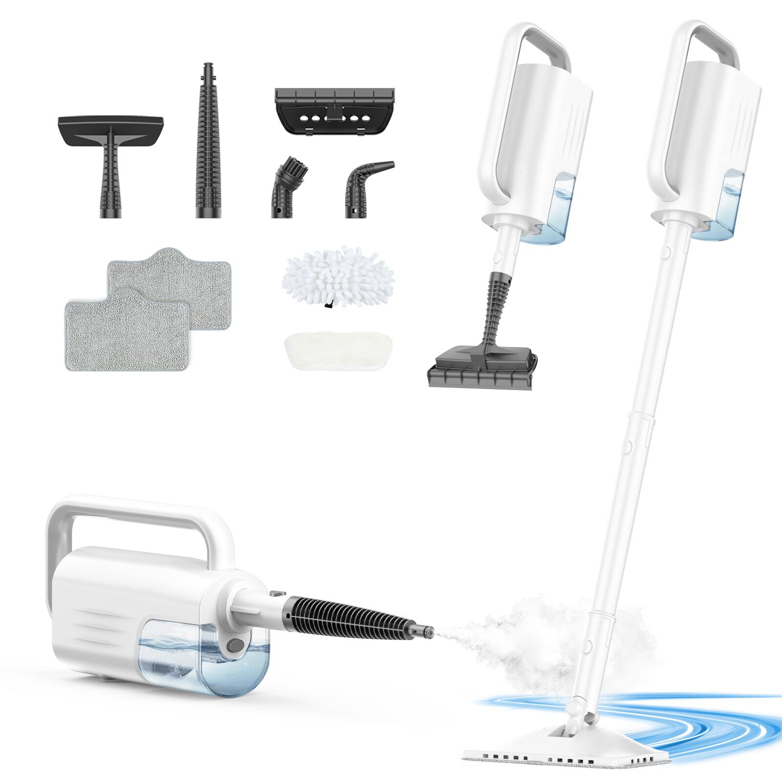 The image shows a steam mop and its accessories.