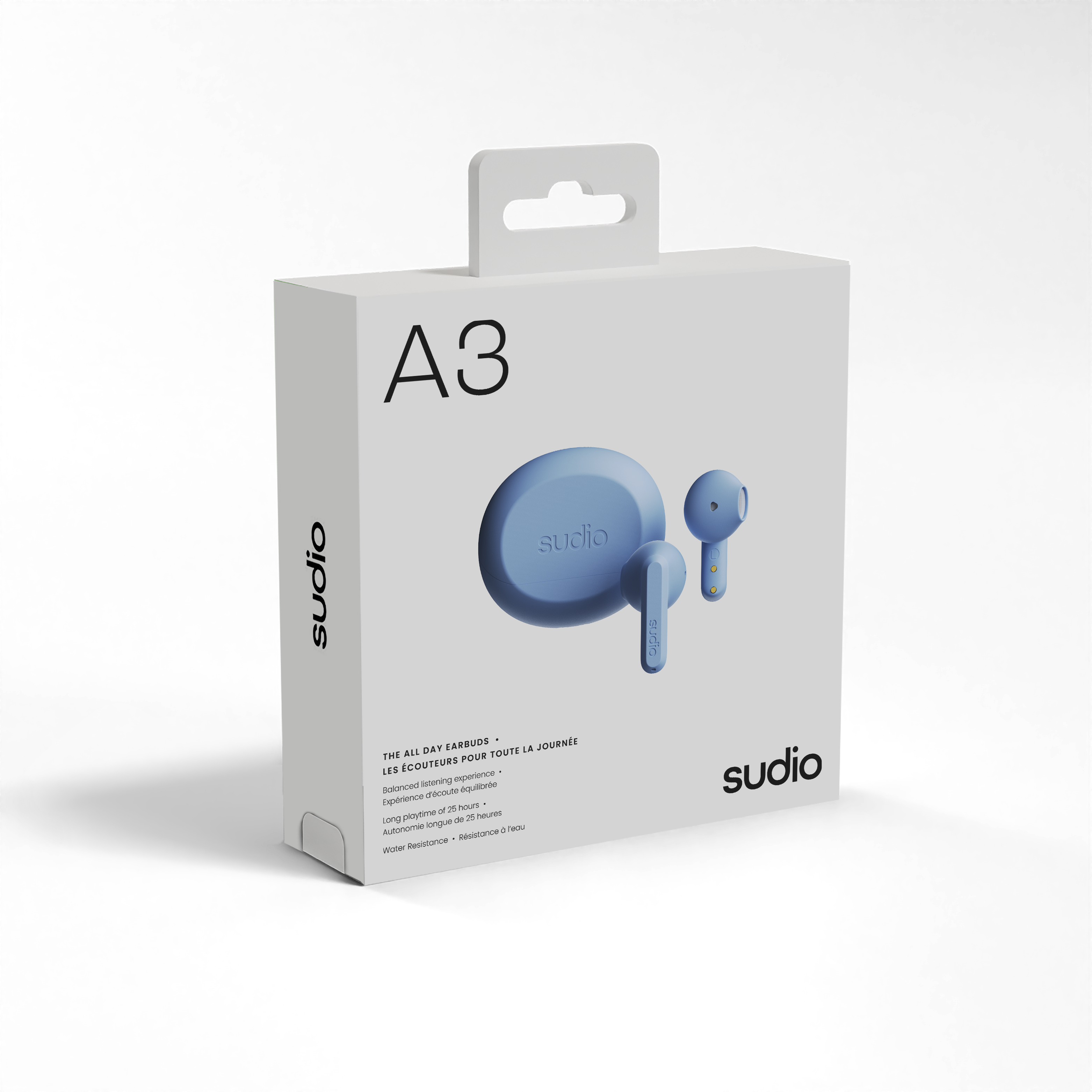 A3 Studio  
Studio Day Earbuds  
The All Day Earbuds  
Les Écouteurs Pour Toute La Journée  

Balanced Sound Experience  
Bonne Qualité Sonore Équilibrée  

Long Playtime of 25 Hours  
Autonomie Longue de 25 Heures  

Water Resistance  
Résistance à l'Eau  

Nurs d'af 3 iing oytime de 25 P ALAImTE ongue a ma marU -o eonctuse surn sudio