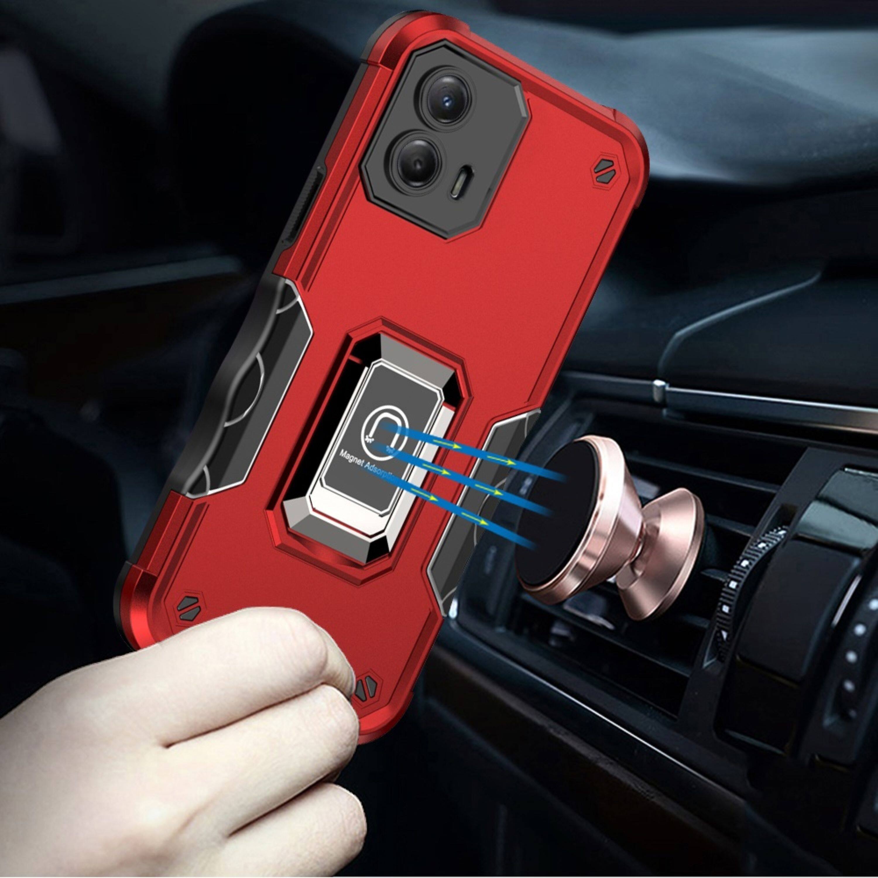 Angle. Kitcheniva - Rugged Grip Design Magnetic Ring Stand Case With Tempered Glass For Moto G Stylus 2024 Red - Red.