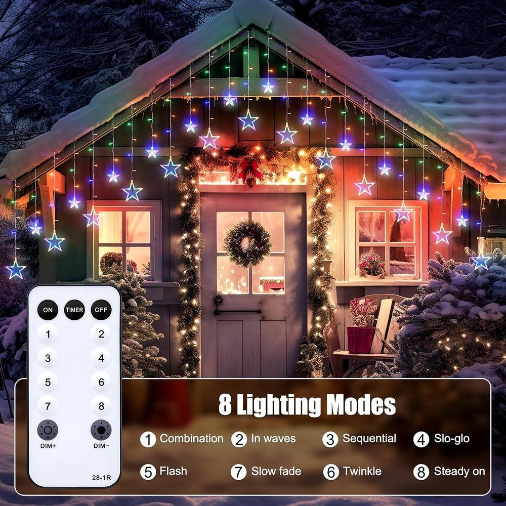 Sure, here is the corrected and grouped text:

---

**ON TIMER OFF**

1  
2  
3  
4  
5  
6  
7  
8  

**DIM+**  
**DIM-**

**8 Lighting Modes**

1. Combination  
2. In waves  
3. Sequential  
4. Slo-glo  
5. Flash  
6. Twinkle  
7. Slow fade  
8. Steady on  

**28-1R**