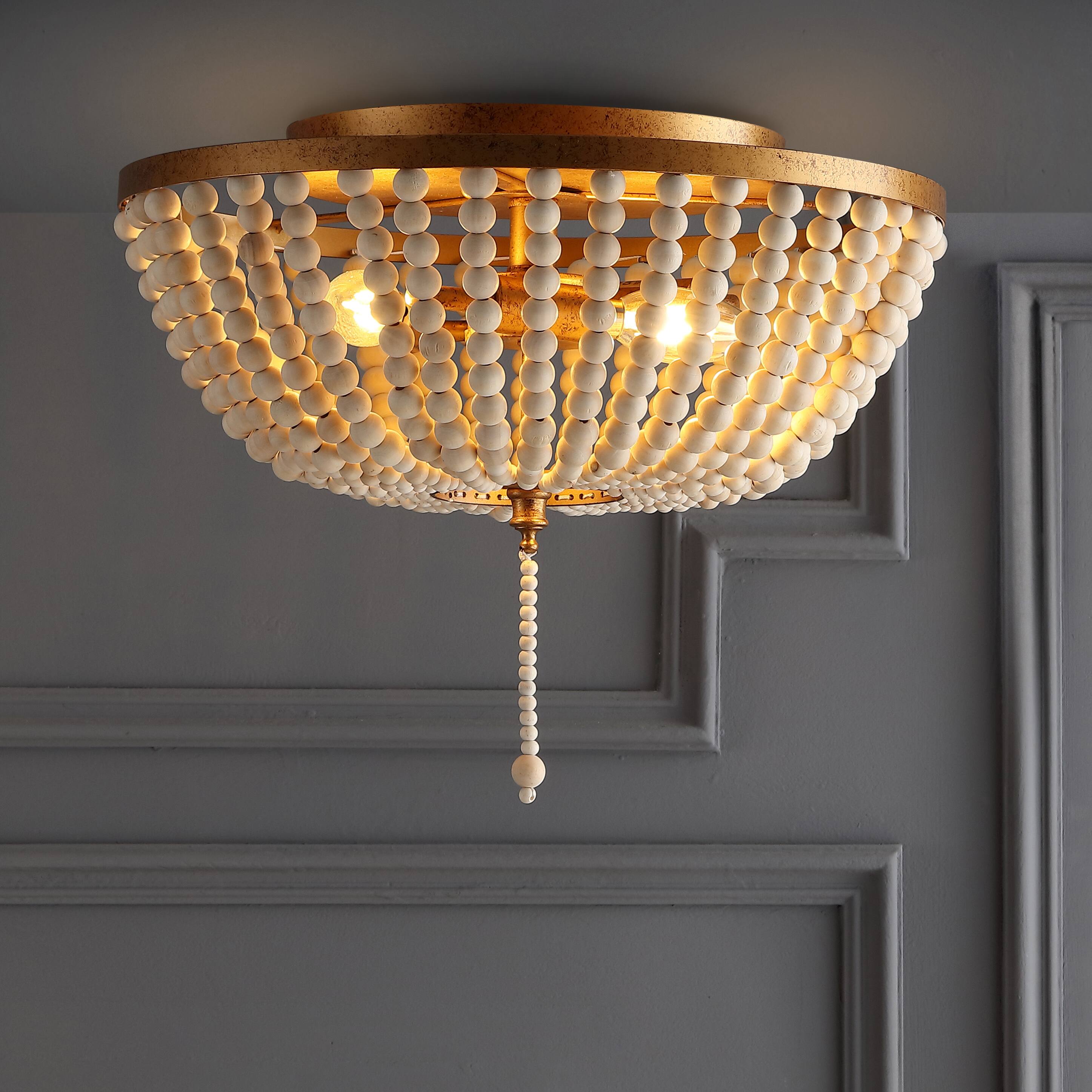Alt View 1. Jonathan Y - Allison 15" 3-Light Shabby Chic Farmhouse Wood Beaded/Metal LED Flush Mount, Antique Gold/Cream - Antique Gold/Cream.