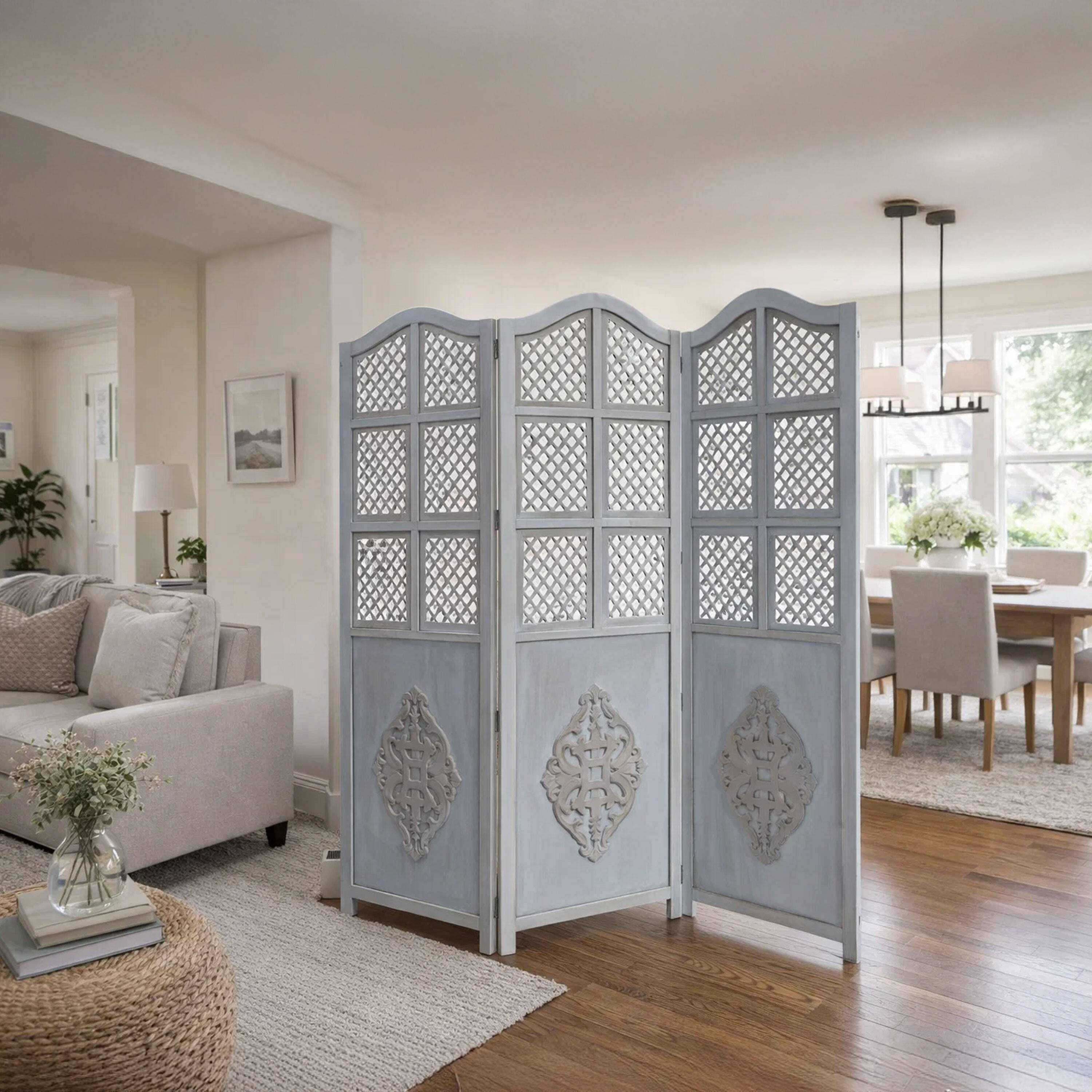 Alt View 5. Manhattan Lane - Three Panel Wooden Room Divider with Traditional Carvings and Cutouts - Blue.