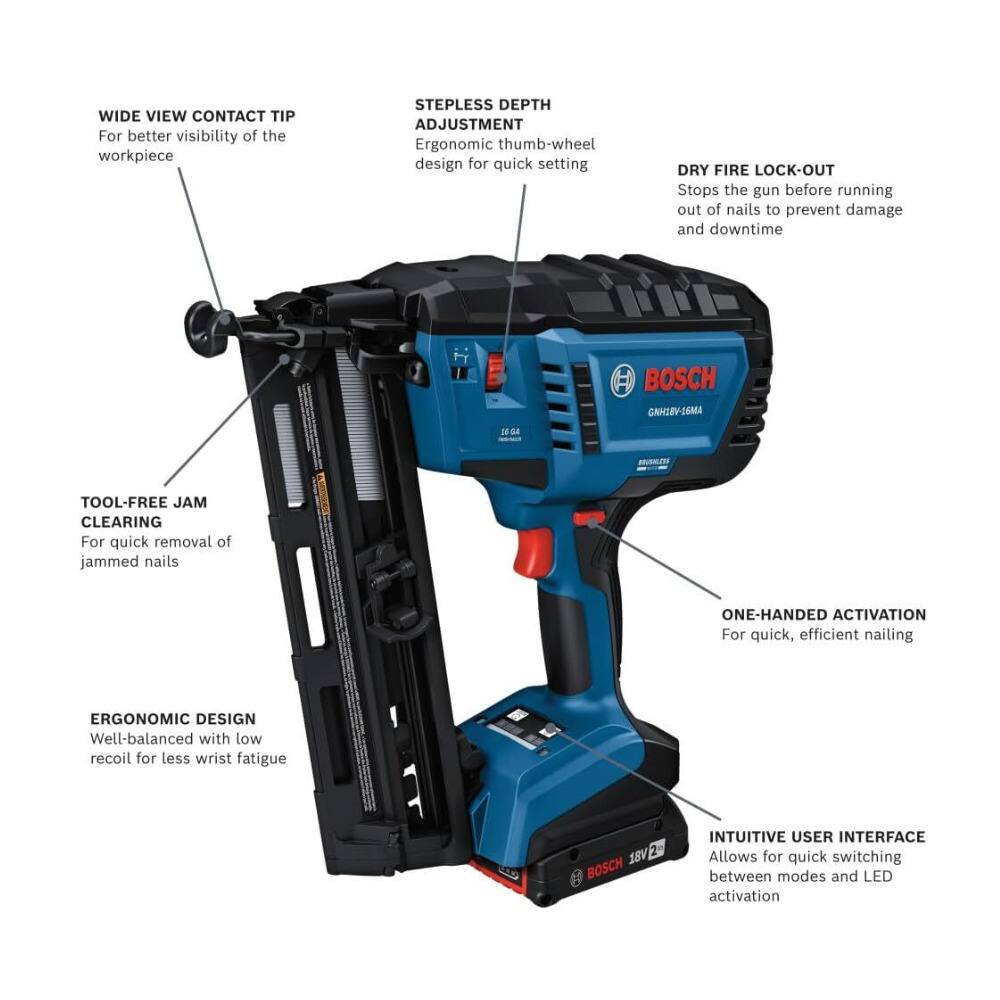 - WIDE VIEW CONTACT TIP  
  For better visibility of the workpiece

- STEPLESS DEPTH ADJUSTMENT  
  Ergonomic thumb-wheel design for quick setting

- TOOL-FREE JAM CLEARING  
  For quick removal of jammed nails

- ERGONOMIC DESIGN  
  Well-balanced with low recoil for less wrist fatigue

- DRY FIRE LOCK-OUT  
  Stops the gun before running out of nails to prevent damage and downtime

- ONE-HANDED ACTIVATION  
  For quick, efficient nailing

- INTUITIVE USER INTERFACE  
  Allows for quick switching between modes and LED activation

BOSCH GNH16V-16MA  
18V