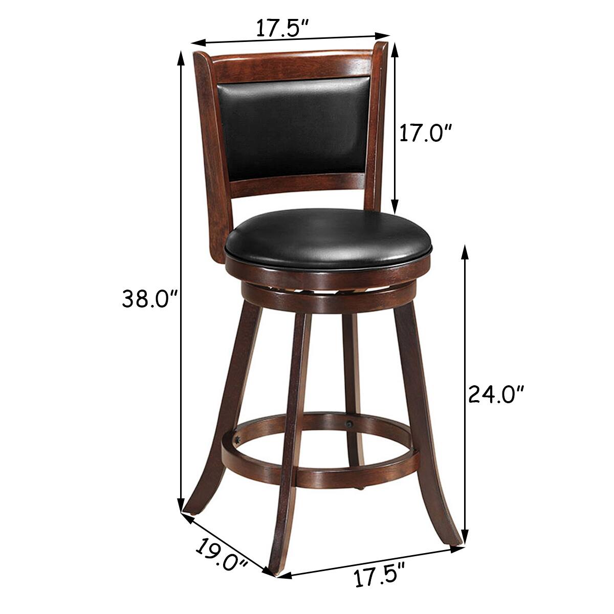 The dimensions of the stool are as follows:

- Height: 38.0"
- Seat width: 24.0"
- Seat depth: 19.0"
- Back height: 17.5"
- Back width: 17.0"