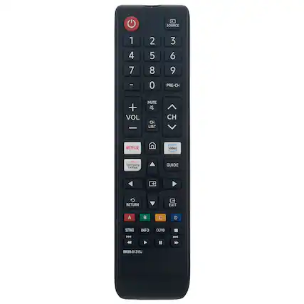 SOURCE 1 2 3 4 5 6 7 8 9 PRE-CH + VOL - MUTE 4 CH LIST CH NETFLIX prime video Samsung TV Plus GUIDE RETURN EXIT A B C D SETTINGS INFO CC/VD BN59-01315J