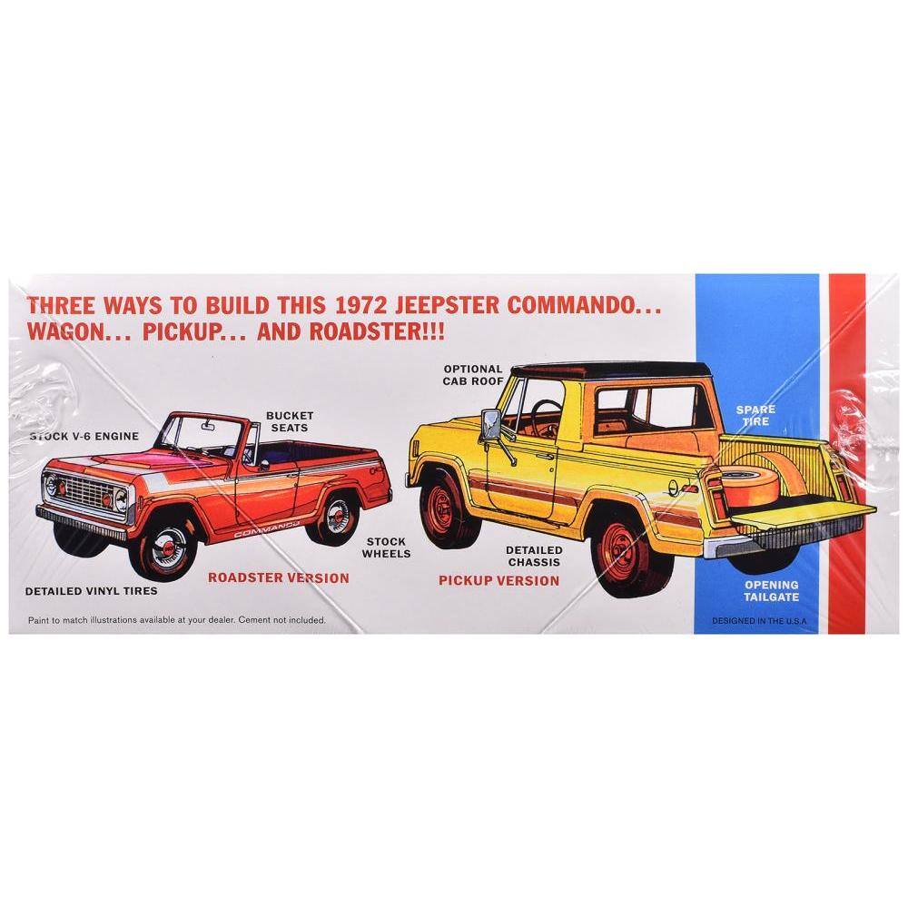 THREE WAYS TO BUILD THIS 1972 JEEPSTER COMMANDO...
WAGON... PICKUP... AND ROADSTER!!!

STOCK V-6 ENGINE
BUCKET SEATS
STOCK WHEELS
DETAILED VINYL TIRES
ROADSTER VERSION

OPTIONAL CAB ROOF
DETAILED CHASSIS
SPARE TIRE
OPENING TAILGATE
PICKUP VERSION

Paint to match illustrations available at your dealer. Cement not included.

DESIGNED IN THE U.S.A.