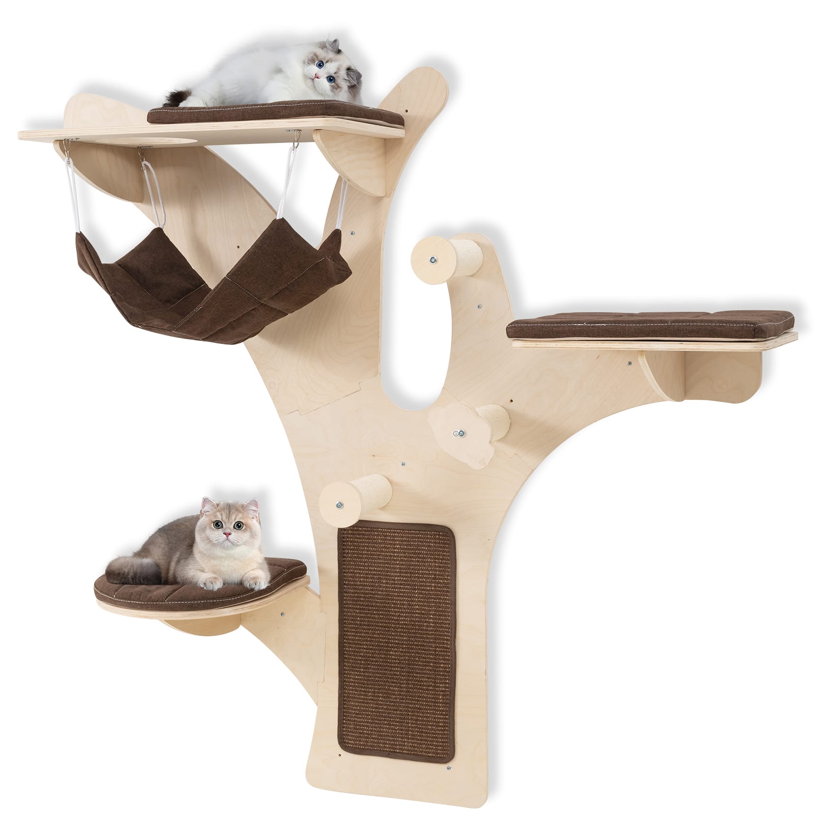 Gymax - Wall-Mounted Cat Tower w/ Perch Hammock Sisal Scratching Posts & Mat Cushions - GYM18392