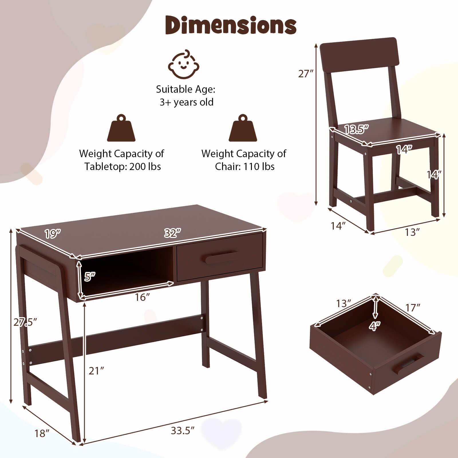 Dimensions

Suitable Age: 3+ years old

Weight Capacity of Tabletop: 200 lbs

Weight Capacity of Chair: 110 lbs

Tabletop:
- 33.5" (width)
- 27.5" (height)
- 18" (depth)
- 32" (length)
- 19" (height of shelf)
- 5" (height of drawer)
- 16" (width of drawer)
- 13" (depth of drawer)
- 4" (height of drawer)

Chair:
- 27" (height)
- 13.5" (seat height)
- 14" (seat width)
- 14" (seat depth)
- 14" (back height)
- 13" (back width)