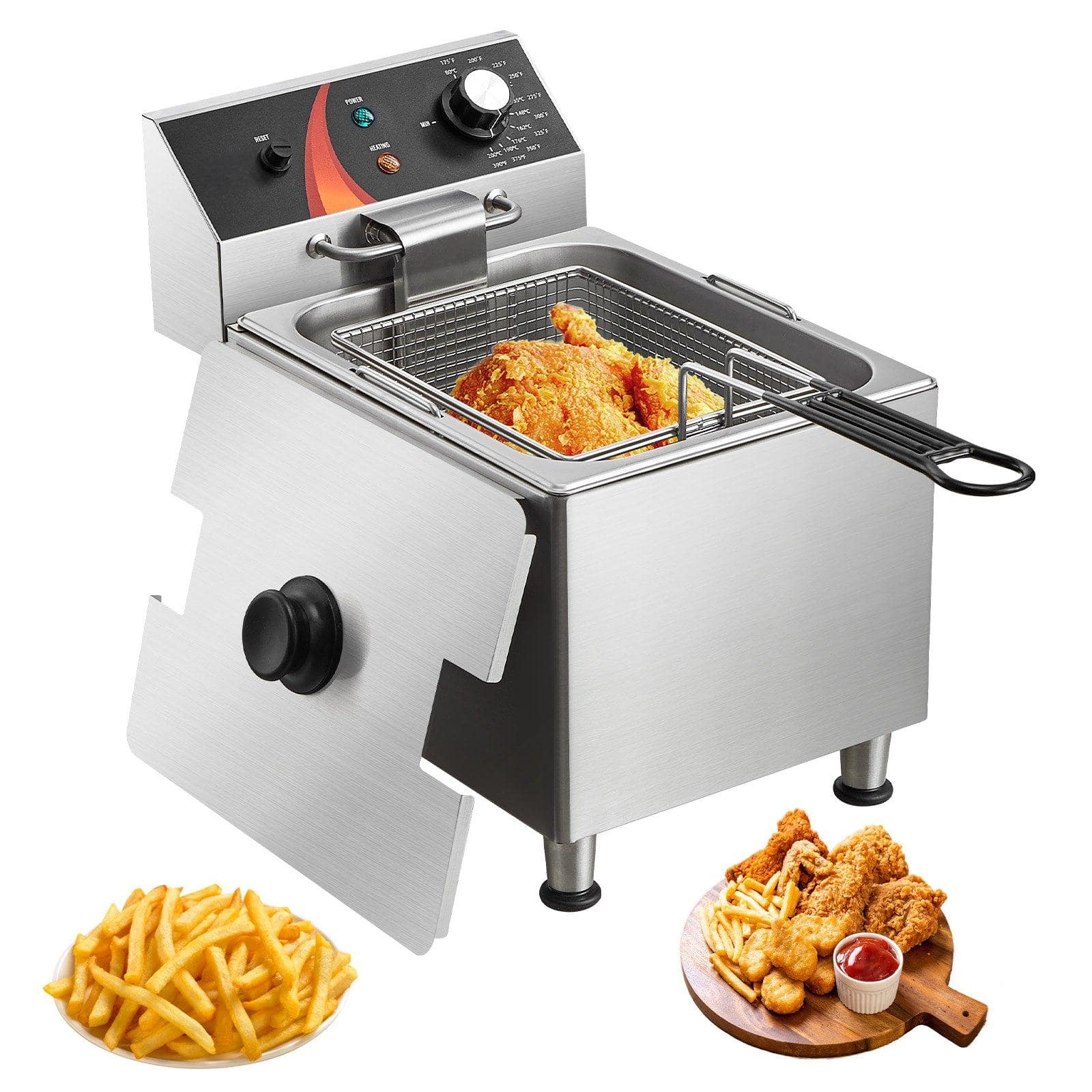 Glintex - Commercial Deep Fryer 1750W Electric Countertop 12Qt Stainless Steel Single Tank Fryer with Adjustable Feet and Control - Silver