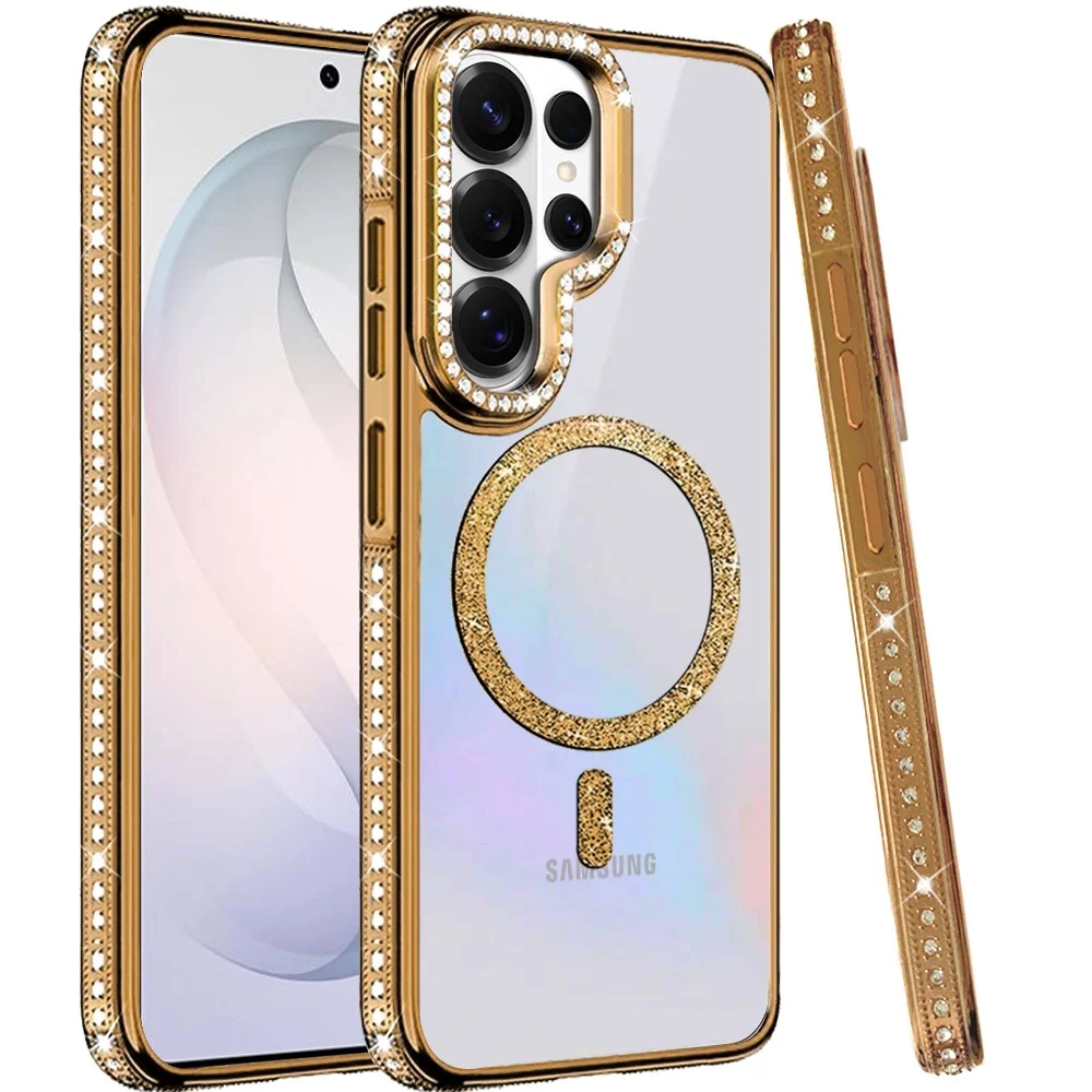 Left. Kitcheniva - Case Diamond Bling Border Magnetic Circle With Tempered Glass For Samsung S26 Ultra Gold - Gold.