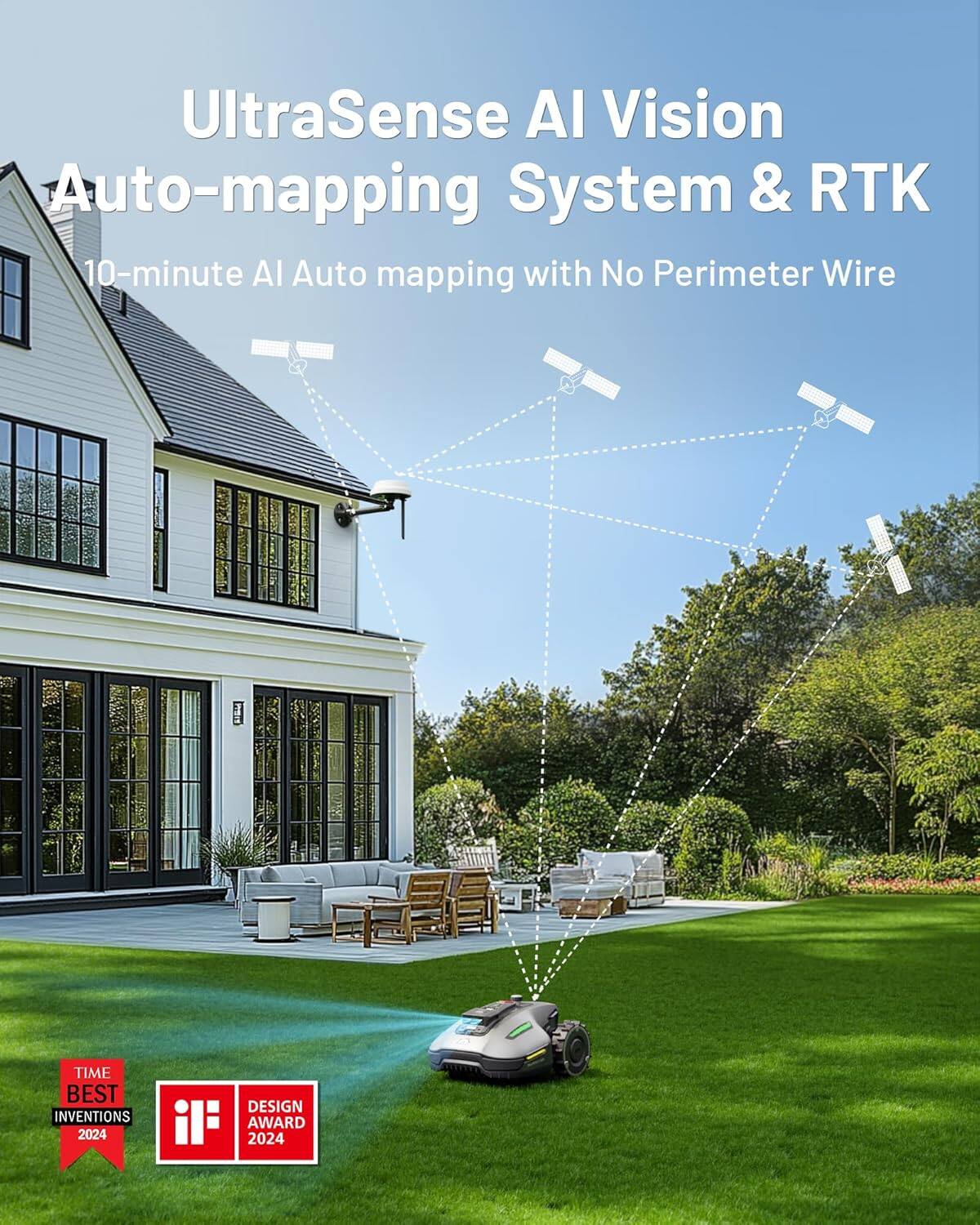 UltraSense AI Vision Auto-mapping System & RTK  
10-minute AI Auto mapping with No Perimeter Wire  

TIME BEST INVENTIONS 2024  
iF DESIGN AWARD 2024